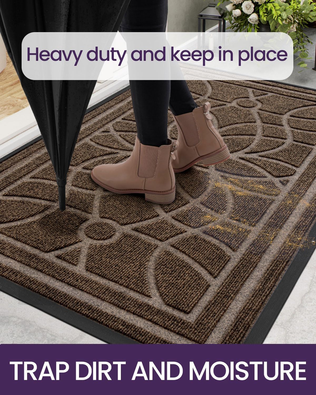 DEXI Front Door Mat Outside Entrance, Heavy Duty Non Slip Low Profile Doormat for Entryway, Trap Dirt and Moisture Welcome Mats, Easy Clean, Patio, Garage, 4x2, Brown