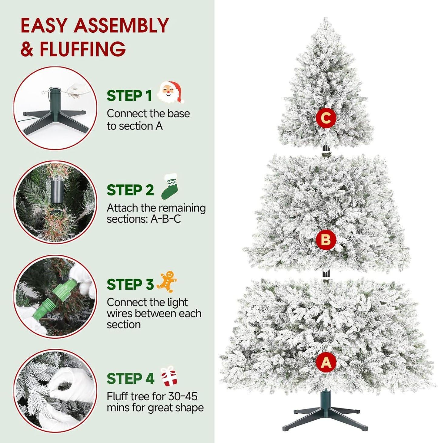 6.5ft Pre-Lit Snow Flocked Rotating Christmas Tree with 340 Multi-Color LED Lights, 1036 PE & PVC Tips - Realistic Artificial Tree for Holiday Decor