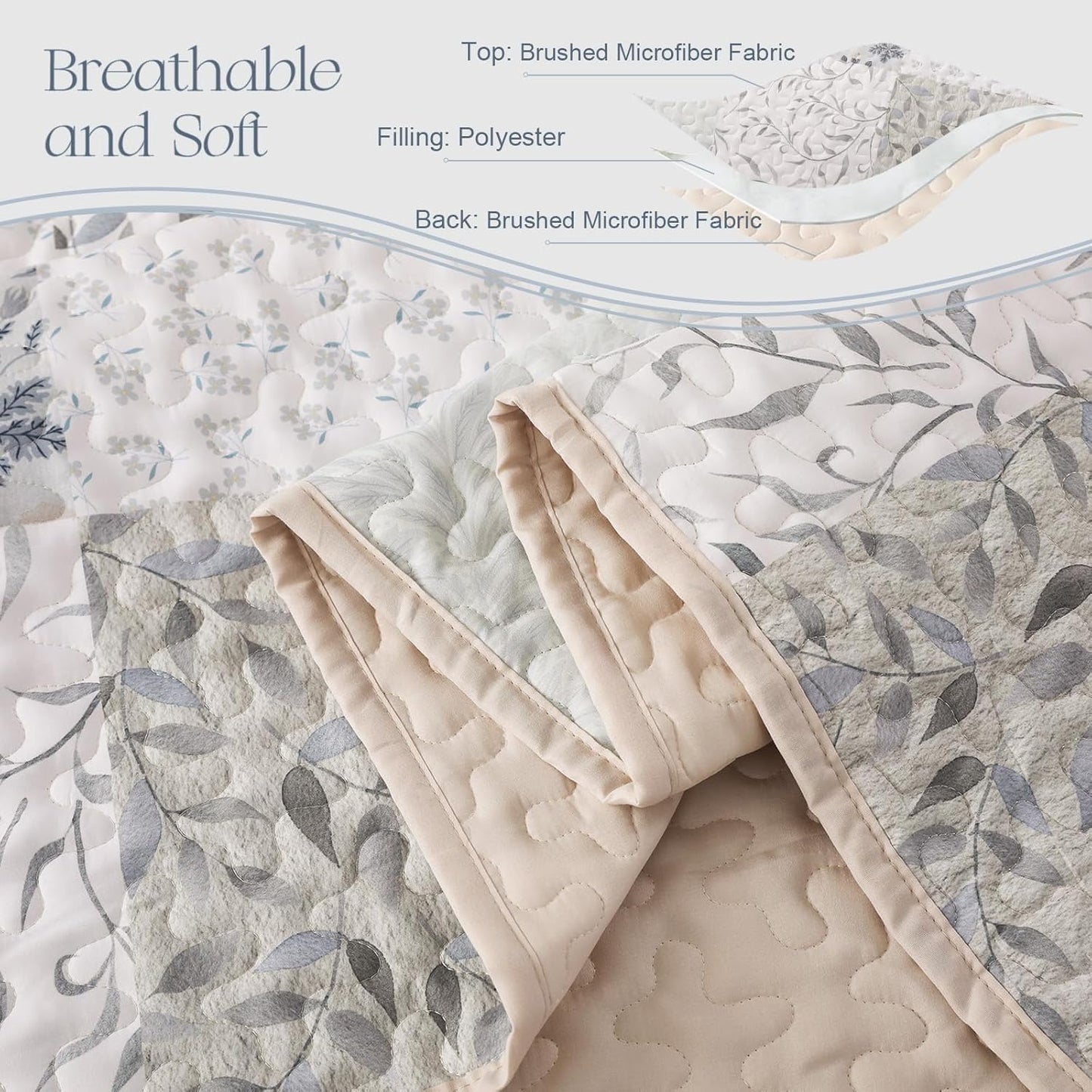 Exclusivo Mezcla Reversible Boho Quilt Set King Size, 3 Pieces Patchwork Gray All Season Bedspreads, Ultra Soft Floral Coverlet Bedding Set with Printed Pattern (1 Quilt, 2 Pillow Shams)