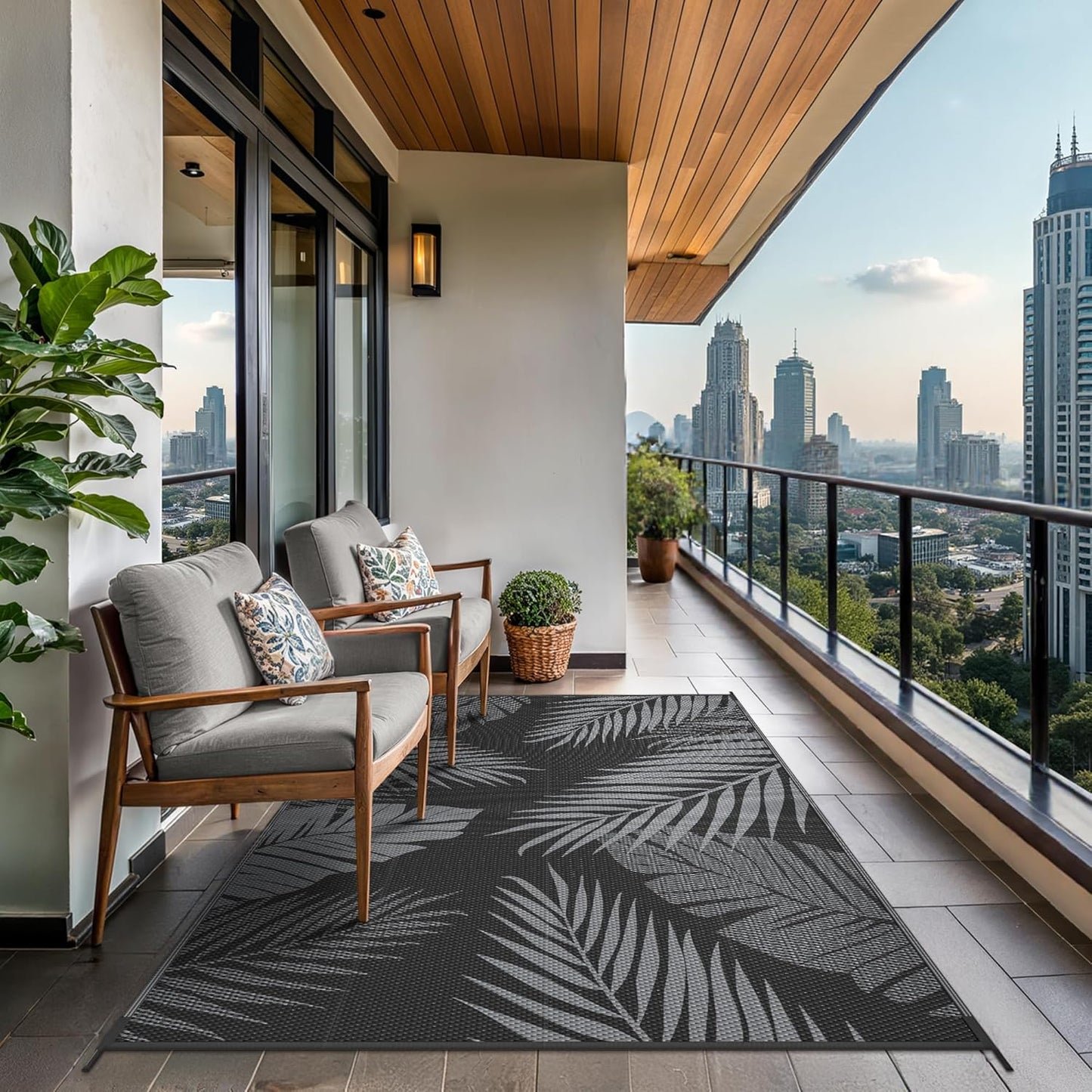 GENIMO Outdoor Rug 9' x 12' Waterproof for Patios Clearance, Reversible Outdoor Plastic Straw Camping Rug Carpet, Large Area Rugs Mats for RV, Camper, Deck, Balcony, Porch, Beach, Picnic, Black&Grey