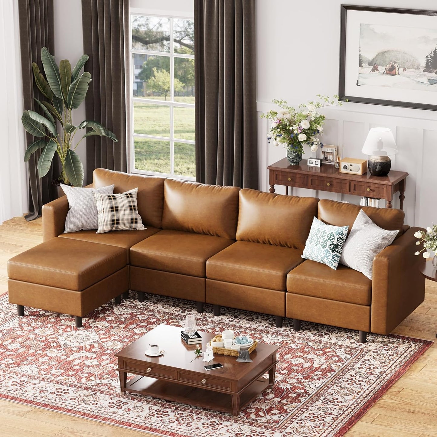 118.5" Faux Leather Modular Sectional Sofa, L Shaped Couch Set for Living Room, 5-Seater Comfy Cloud Couches with Movable Storage Ottoman,DIY Combination - Brown