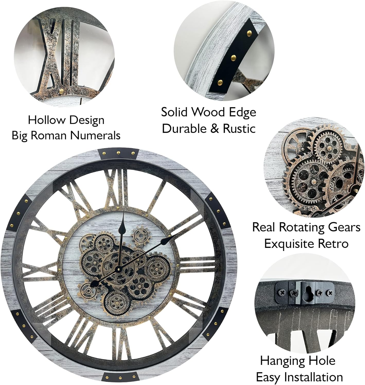 DORBOKER 30" Original Moving Gears Wall Clock, Large Industrial Wall Clock for Living Room Decor, Solid Wood Vintage Farmhouse Steampunk Rustic Clocks for Wall Decor,Silver Grey