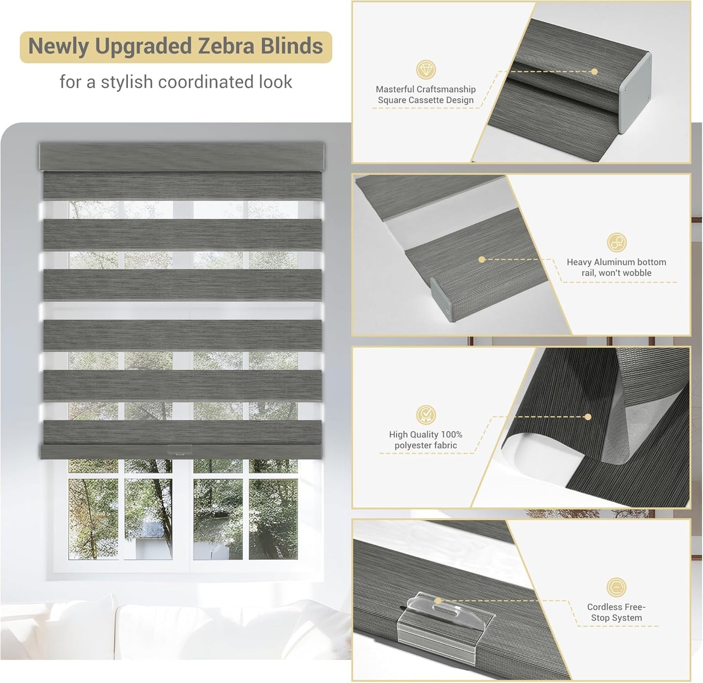 Cordless Zebra Blinds for Windows, Blackout Interior Blinds,Easy to Install,UV Protection,for Offices and Home,Custom Roller Shades, Mousse Grey,29" W x 72" H