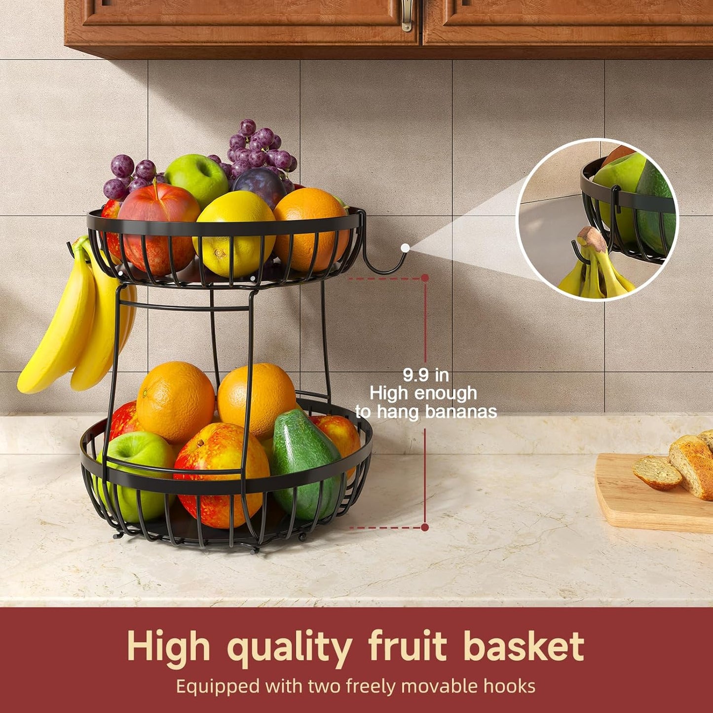 2 Tier Fruit Basket for Kitchen Counter with 2 Banana Hangers, Metal Stackable Fruit Bowl for Kitchen Counter for Bread Vegetable Fruits, Black