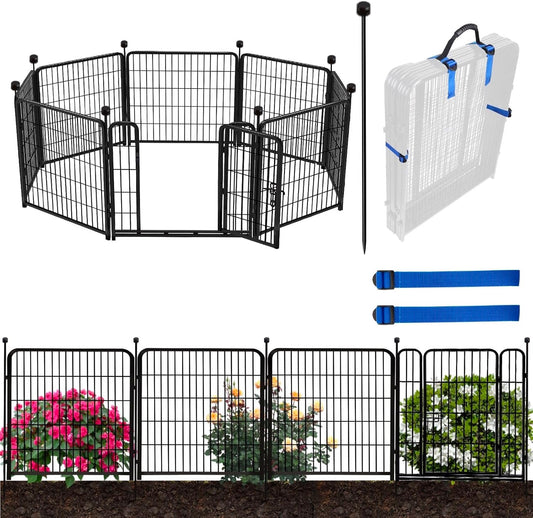 ADAVIN 32 in(H) Garden Fence with Low Threshold Gate, 8 Panels Total 17.7 Ft(L) Tall Garden Fencing for Raised Beds, Outdoor or Indoor Dog Playpen, Black Iron Metal Heavy Duty Dog Fencing