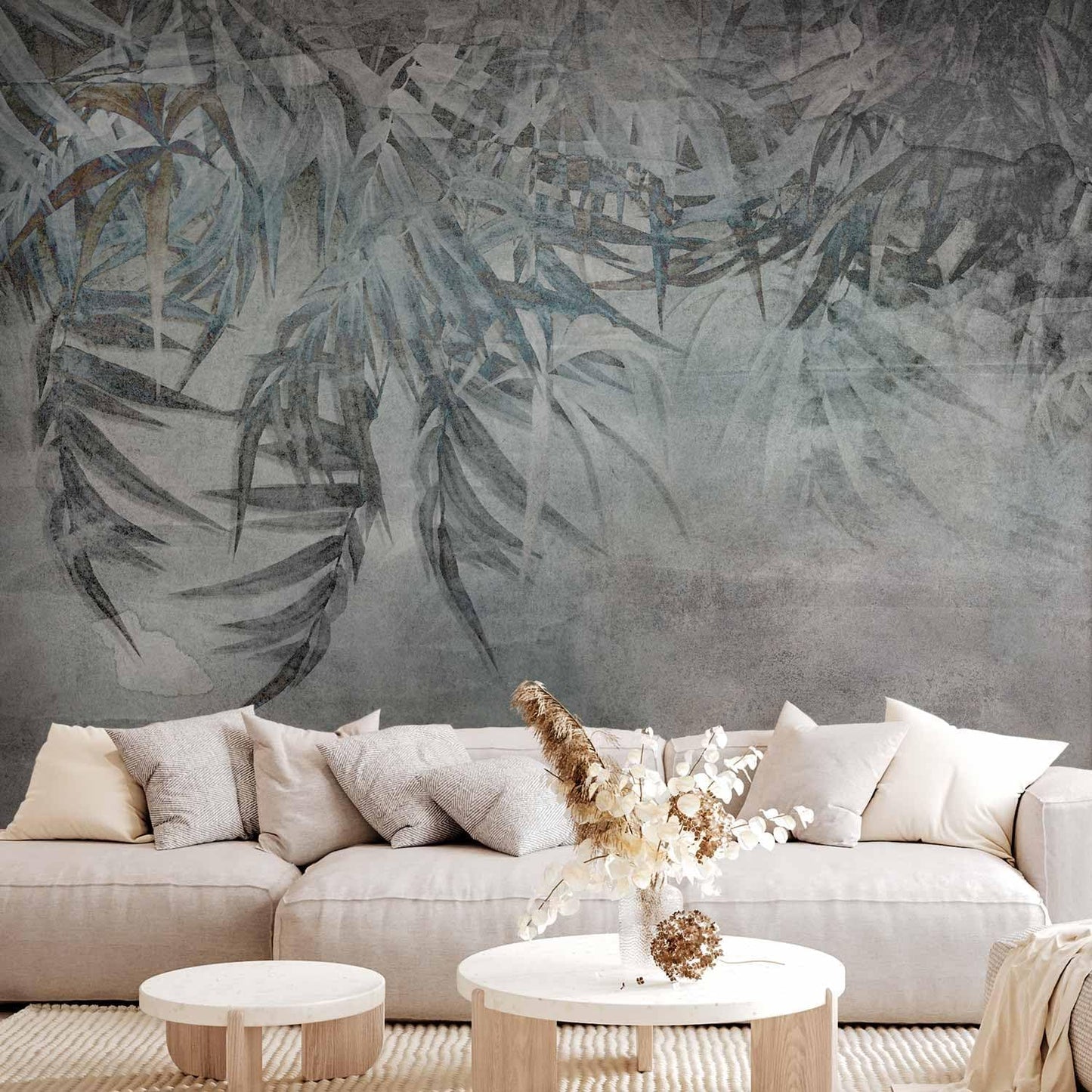 artgeist Premium Wall Mural Leaves 118x83 in - XXL Non-Woven Wallpaper Fleece Wall Decor Photo Print Picture Image Design Palm Leaves Concrete Nature Grey b-C-10103-a-a
