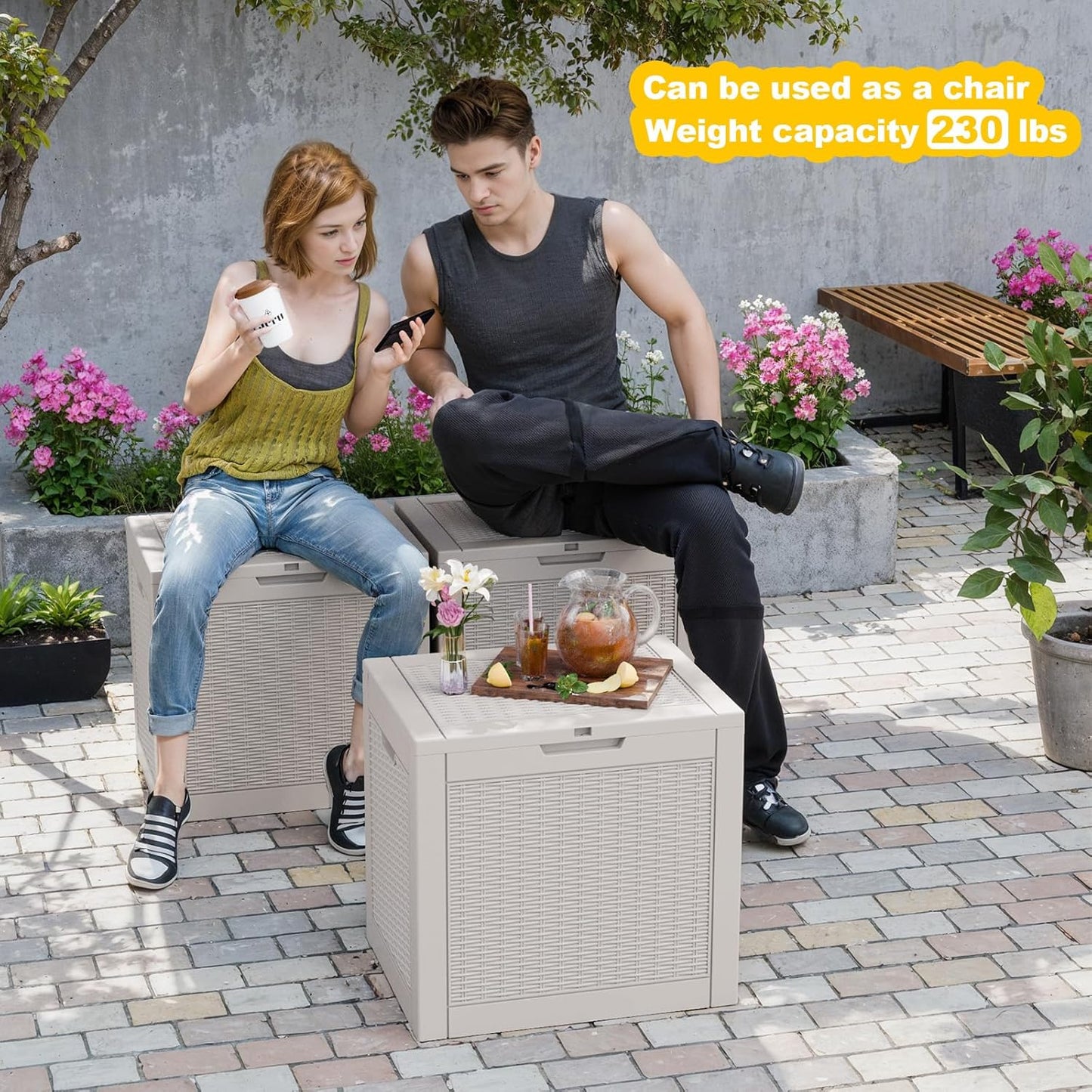 36 Gallon Outdoor Deck Box,Storage Lockable Waterproof Patio Furniture,Garden Tools,Cushions,Pool Accessories Outside Storage Resin Box(Grey Pattern)