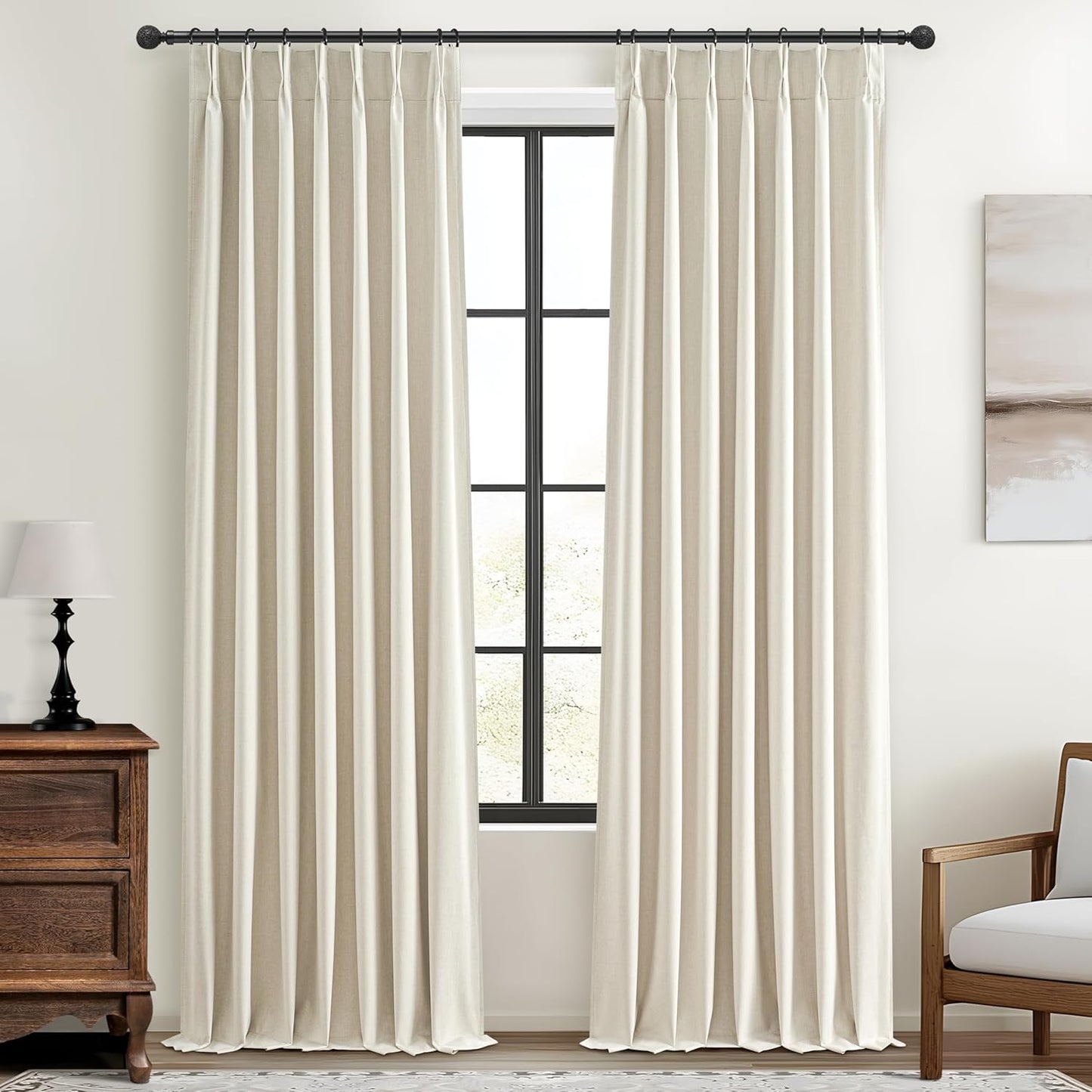 Cream Blackout Curtains & Drapes 96 Inches Long 2 Panels Set for Sliding Glass Doors, Pinch Pleated Thick Linen Blend Windows Curtain with Back Tab for Bedroom Cold Weather Thermal 40"W x 96"L