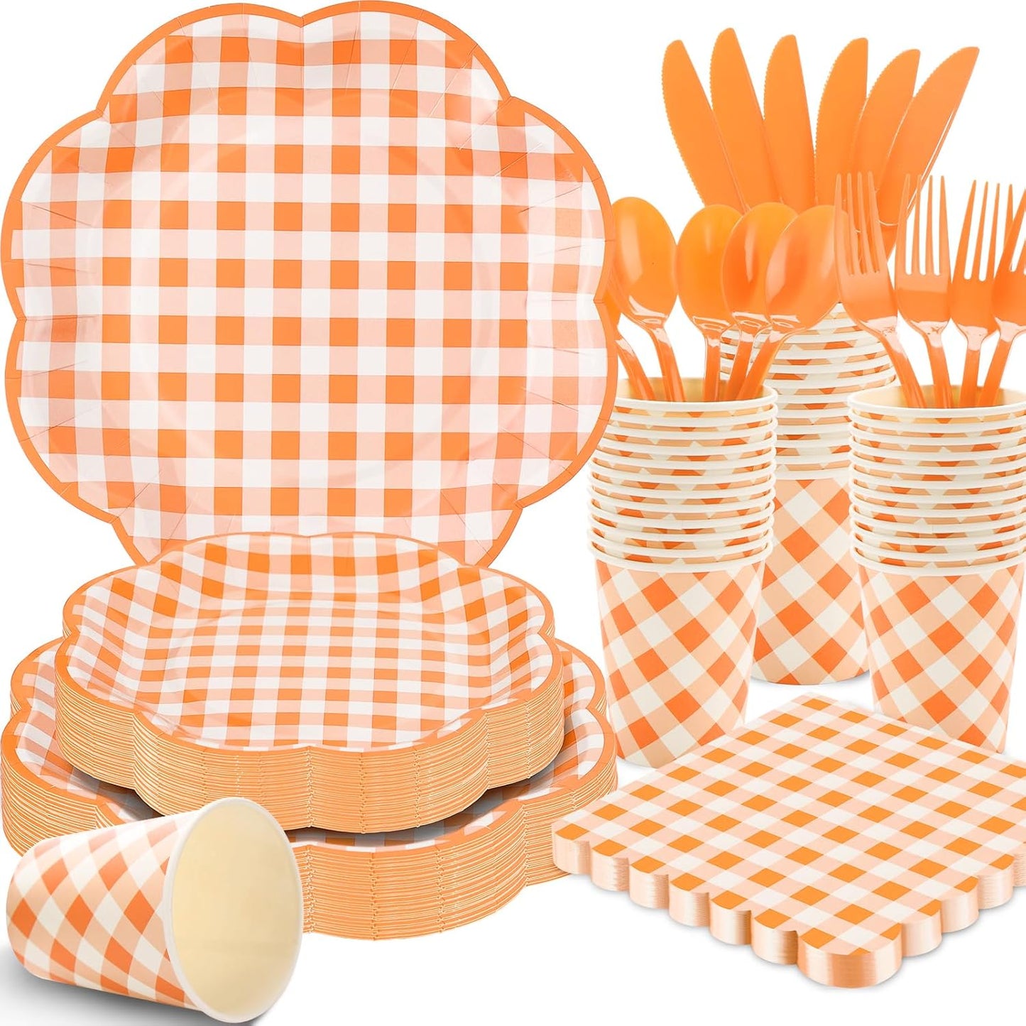 350 Pcs Orange and White Gingham Party Supplies - Orange Gingham Paper Plates and Napkins Sets Serve 50 - Scalloped Checkered Plates for Birthday Picnic Fall Halloween Thanksgivng Party Decorations