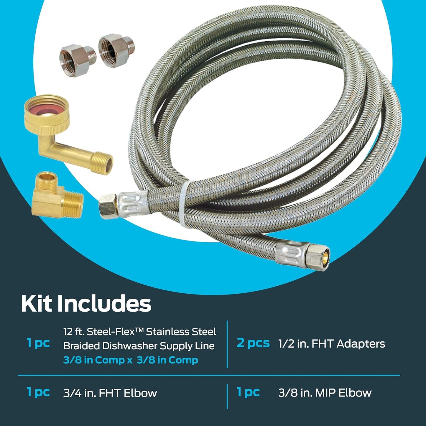Eastman Dishwasher Installation Kit, 12 Foot Hose with Adapters, 3/8 Inch MIP x 3/4 Inch FHT Elbows, Braided Stainless Steel Connectors, 69008