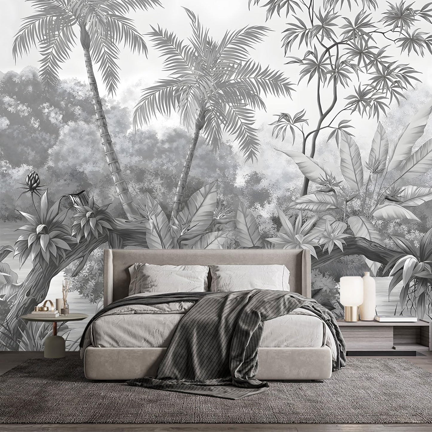 -Grey Rainforest Leaves Fabric Wallpaper Bedroom XT11 L 180" x 115"