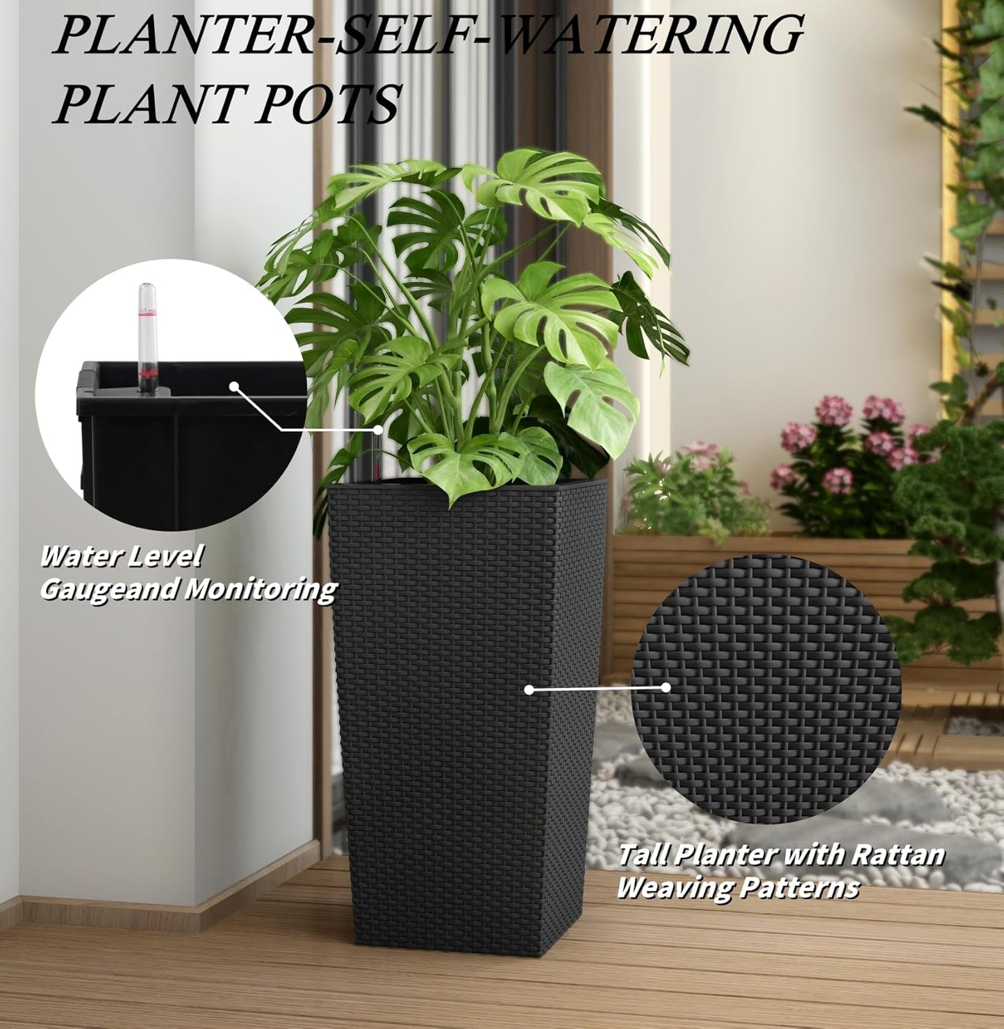 2Pcs 23in High Large Plant Pots Planter-Self-Watering,Modern Planter with Drain Holes,Water Level Monitor,Inner Bucket for Indoor/Outdoor Front Porch Patio,Black Rattan