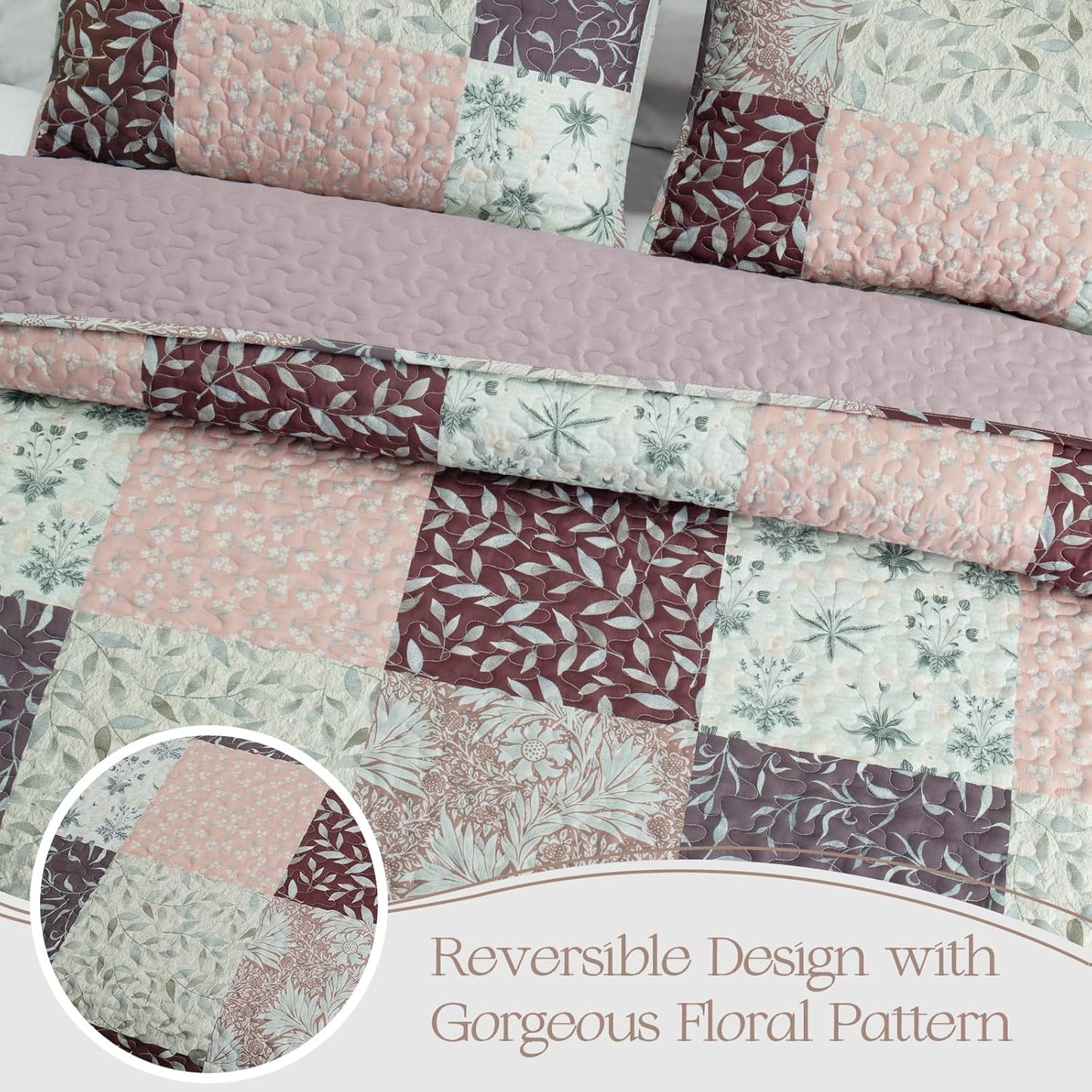 Exclusivo Mezcla Reversible Boho Quilt Set Queen Size, 3 Pieces Patchwork Brown All Season Bedspreads, Ultra Soft Floral Coverlet Bedding Set with Printed Pattern (1 Quilt, 2 Pillow Shams)