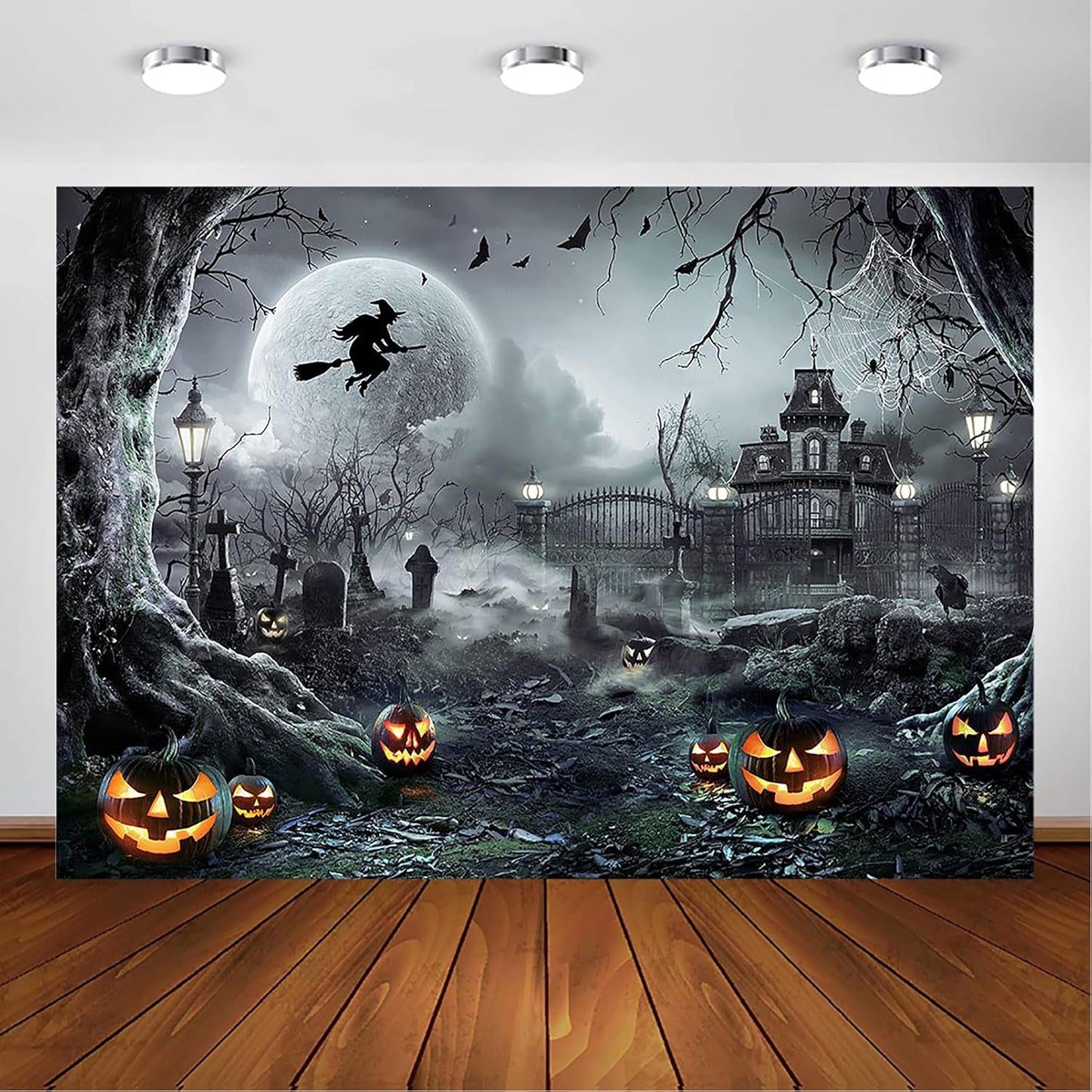 Avezano Halloween Photography Backdrop Full Moon Scary Night Castle Pumpkins Party Background Spooky Witch Bats Cemetery Child Kids Halloween Party Decorations Photoshoot Backdrops (7x5ft, Gray)