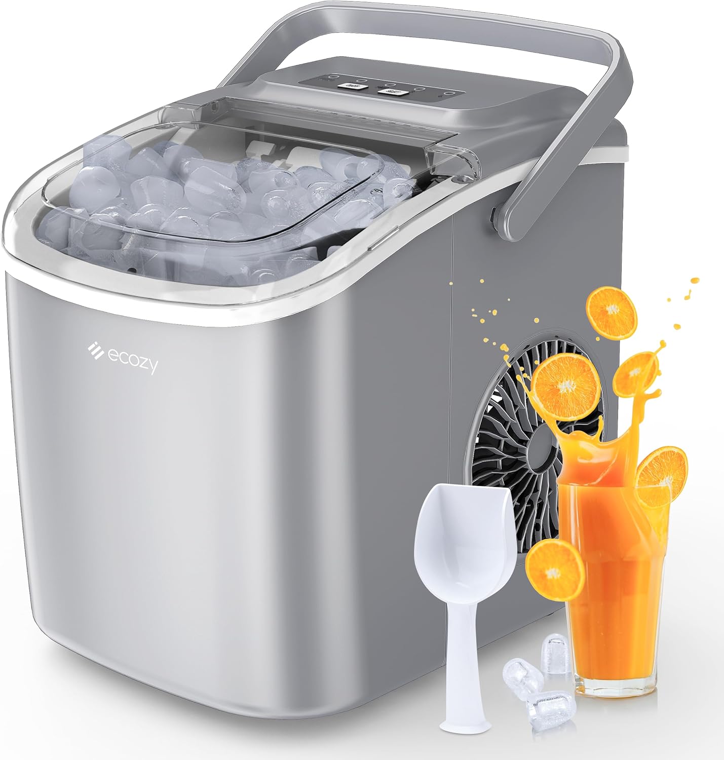 ecozy Portable Ice Maker Countertop, 9 Cubes Ready in 6 Mins, 26lbs in 24Hrs, Self-Cleaning Ice Machine with Handle/Ice Bags/Ice Scoop/Ice Basket, 2 Sizes Bullet Ice for Home Kitchen Office Bar Party