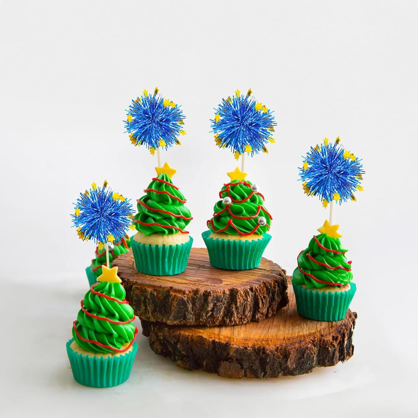 Ephlyn 30Pcs Foil Firework Cupcake Toppers Firework Cake Toppers Tinsel Flower Drink Stirrers Cocktail Food Fruit Toothpicks for Valentine's Day Party Decorations Blue