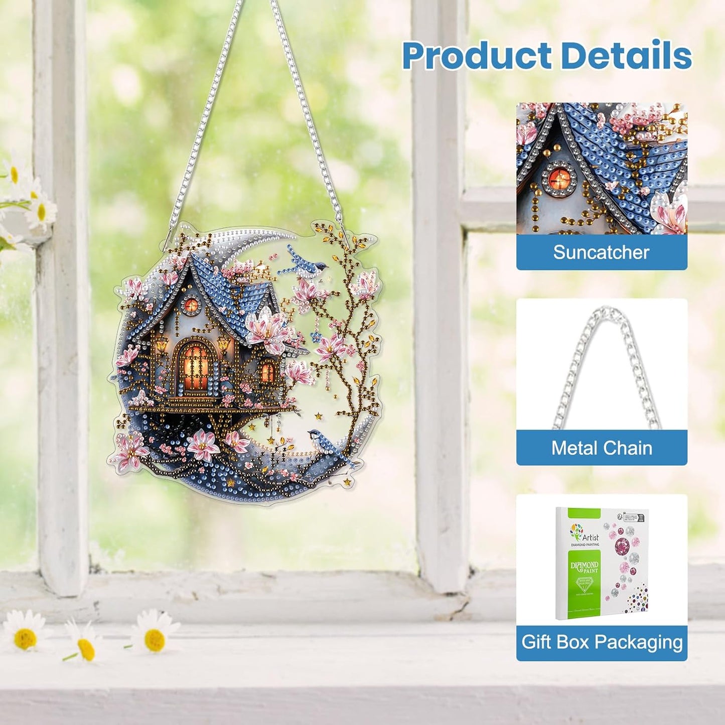 EOBROMD Diamond Hanging Art Kits for Adults, House on The Moon DIY Special Shaped Rhinestone Kits for Adults, Diamond Art Painting Suncatcher, Window Pendants Home Garden Wall Hanging Ornament