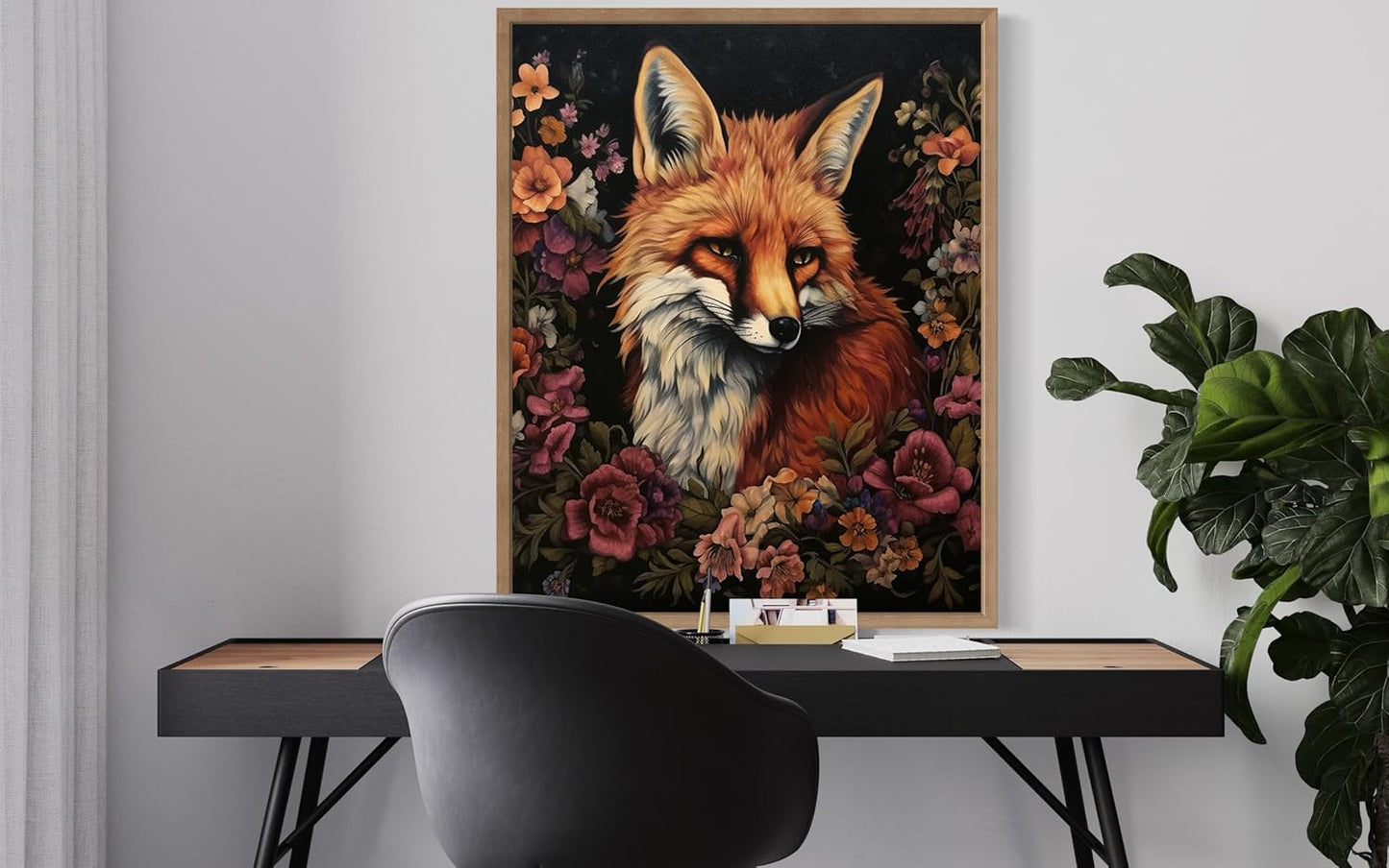 Fox and Flower Poster Art Print, Halloween Scary Vintage Wall Art Academia Spooky Painting Decoration for Horror Prints, Gothic Posters Bedroom Decor 89 (Fox and Flower, 8 x 10 inches, Wood Frame)