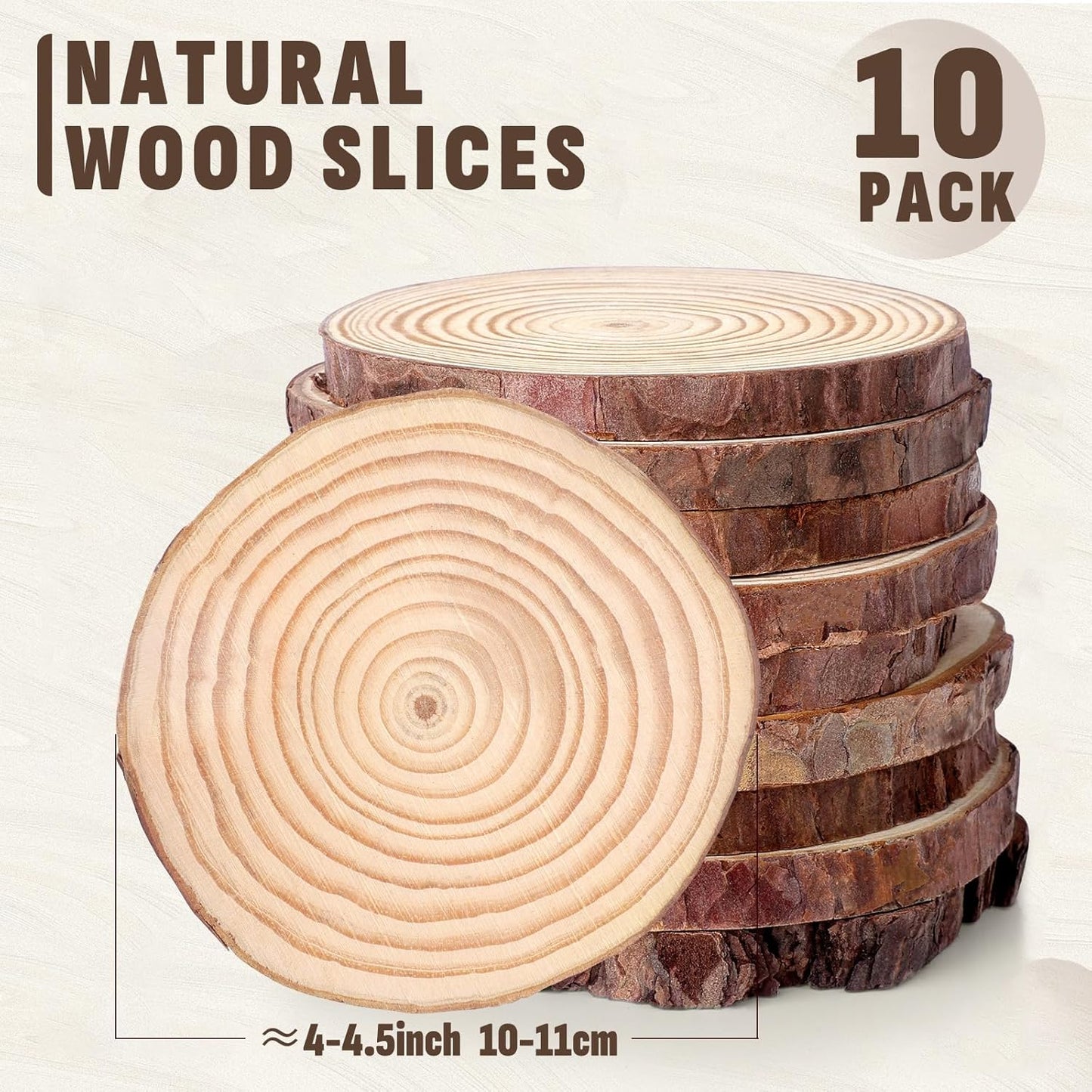 FUMILE Unfinished Natural Wood Slices 4-4.5 Inch, 10 PCS Round Wooden Discs with Tree Bark, Wood Rounds for Crafts Christmas Ornaments, Wood Circles for Rustic Wedding Decoration