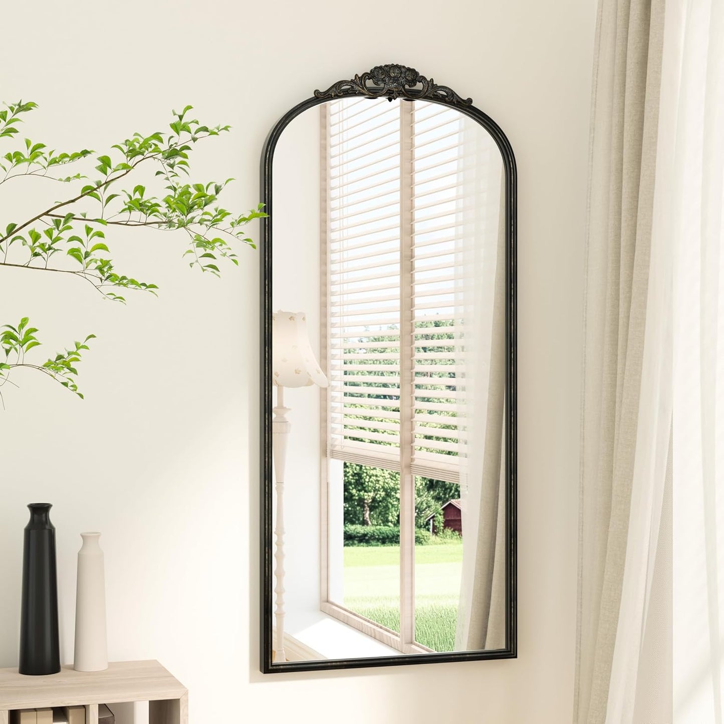 Keonjinn Arched Wall Mirror, 48" x 22" Vintage Mirror Full Length, Black Traditional Decoration Baroque Style, Ornate Mirrors for Hallway, Fireplace, French Cleat Mounting