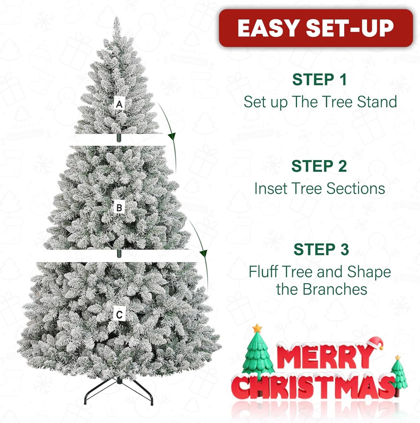 6 ft Lighted Snow Flocked Christmas Tree with Remote Control, 250 Multicolor RGB LED Lights, 1032 PVC Branch Tips, Artificial Hinged Christmas Tree with for Holiday, 15 Modes
