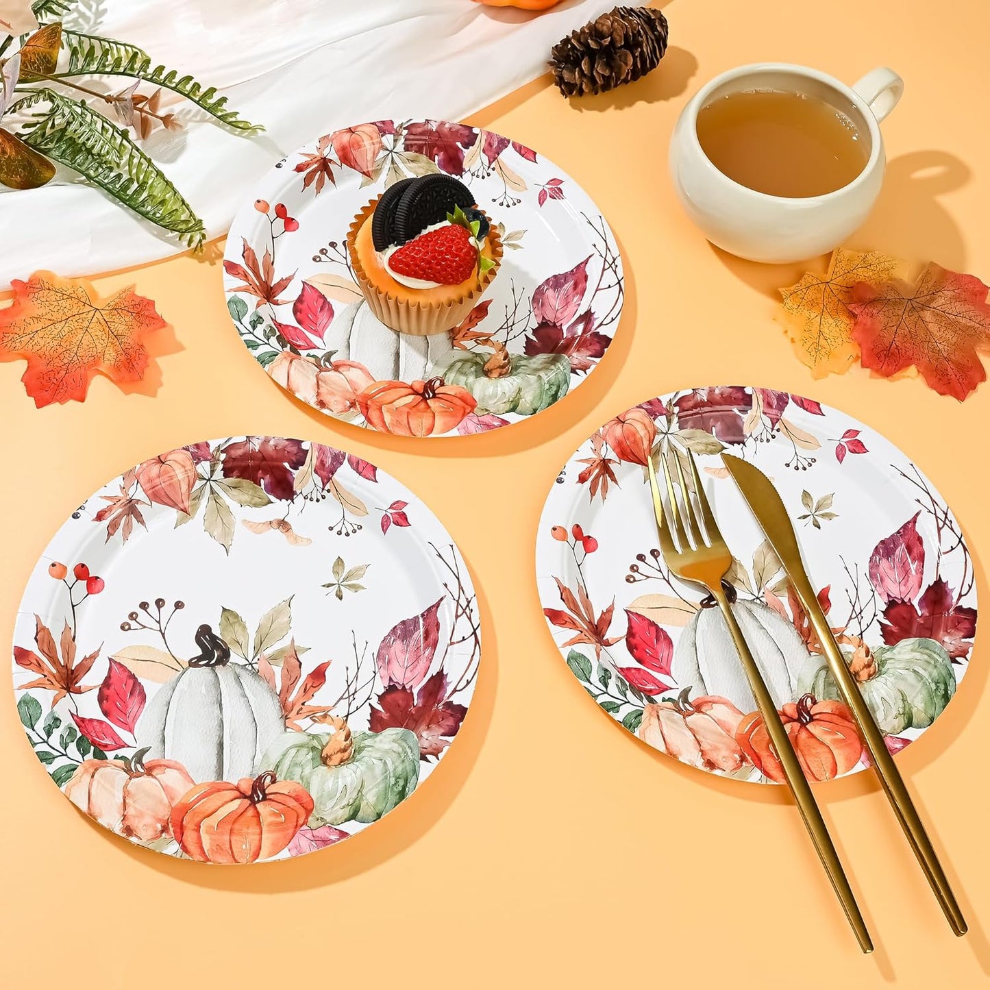 AllReal Fall Pumpkins Paper Plates Rustic Pumpkin Leaves Disposable Party Plate 7" Thanksgiving Autumn Dessert Plate for Birthday Baby Shower Party Supplies Table Decor (48)