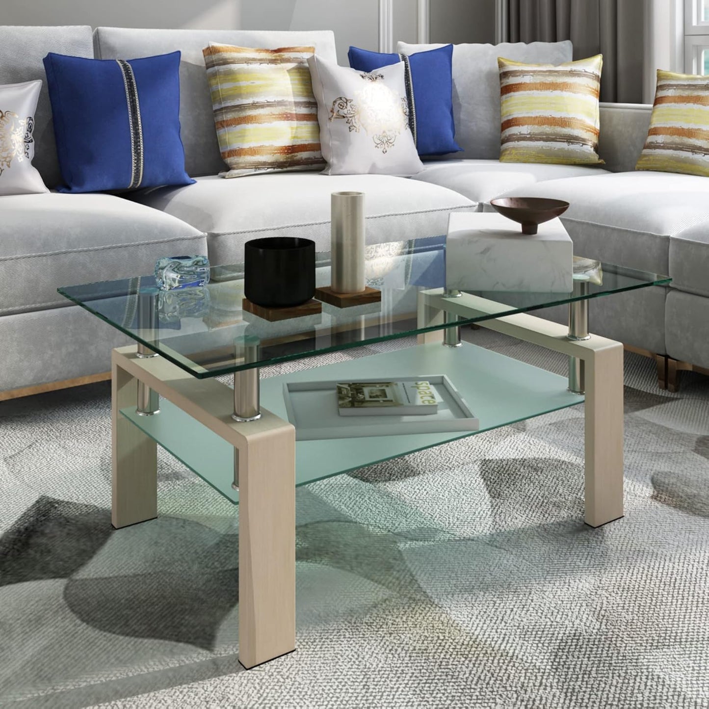 Glass Coffee Table Rectangle Living Room Center Table, 39inch Transparent Tempered Glass Tabletop and Beige Wood Grain Metal Legs, Beige + Clear Glass