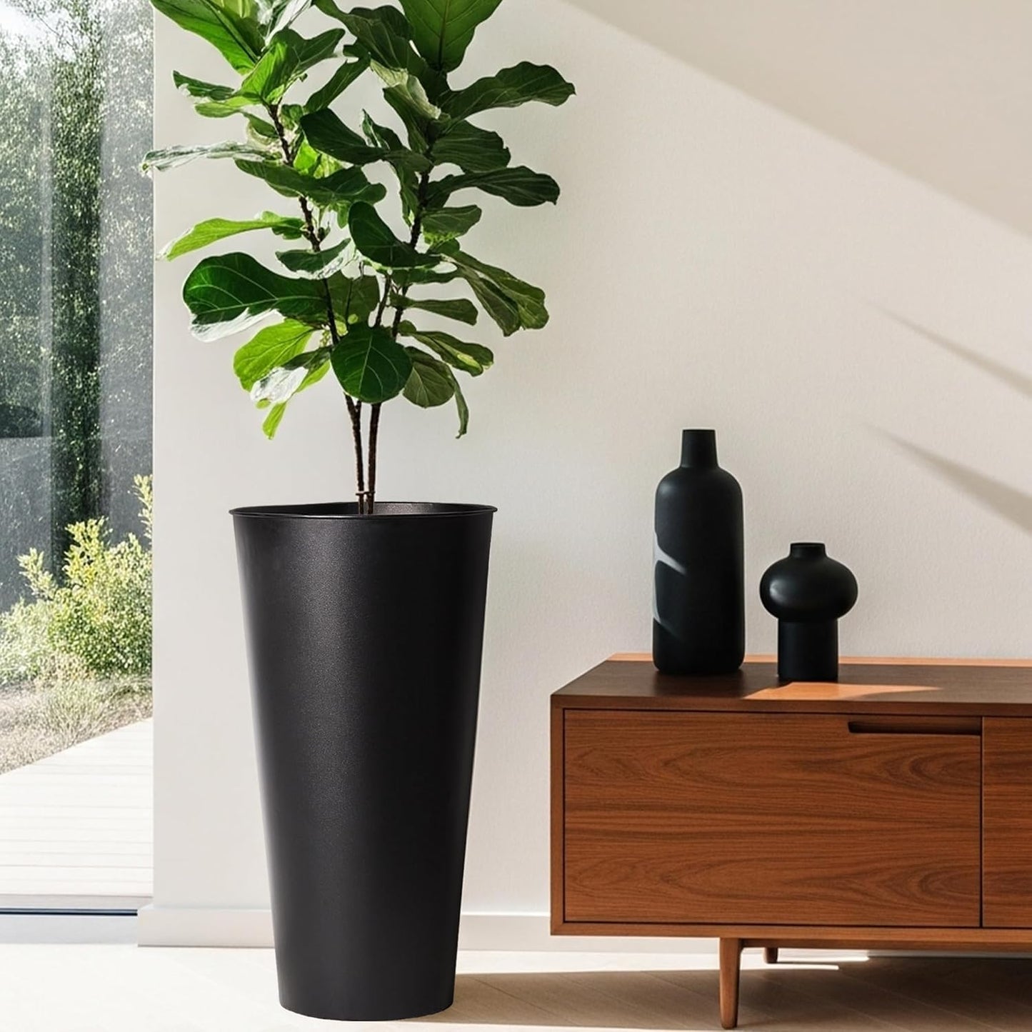 2-Pack 28" Tall Metal Planters - Heavy-Duty Round Flower Pots with Built-in Drainage + Rustic Industrial Finish, All-Climate Deck & Patio Ready Indoor/Outdoor Multi-Scene Garden Vessels