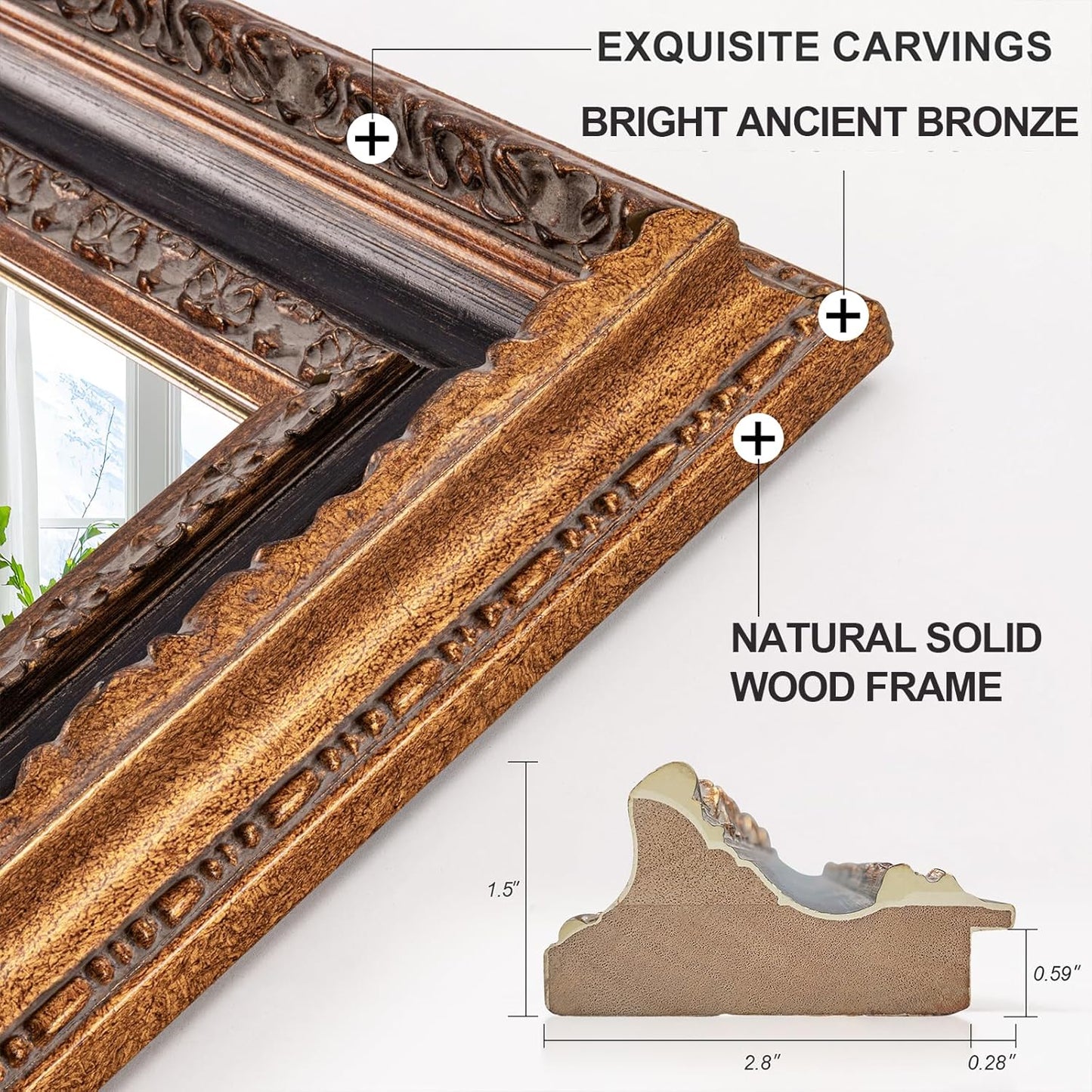 Antique Bronze Mirror 36.5" X 25", Bathroom Wall Mirror with Ornate Carvings Solid Wood Frame, Handmade Aging, for Vintage Living Room, Hallway and Bedroom