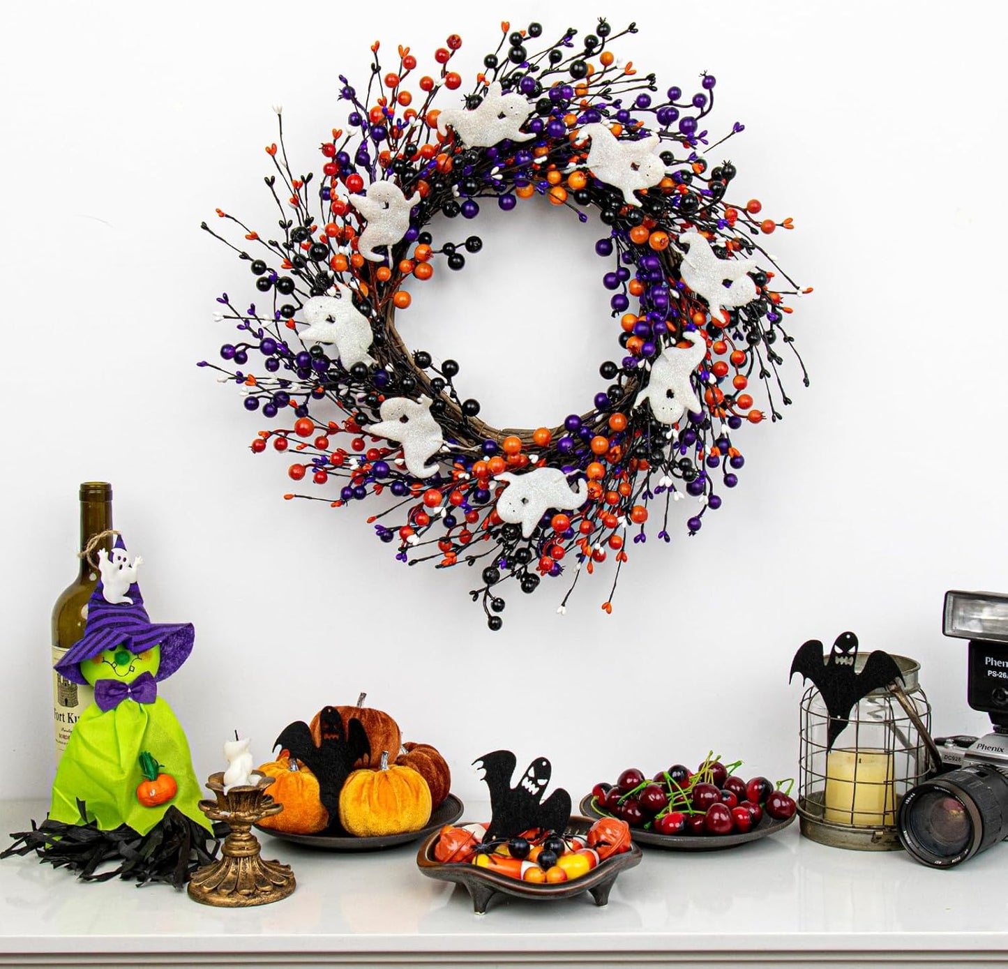 20-Inch Halloween Wreath - Handmade Orange & Black Berry Wreath with Adorable Mini Ghosts, Spooky Front Door Decor for Halloween Party