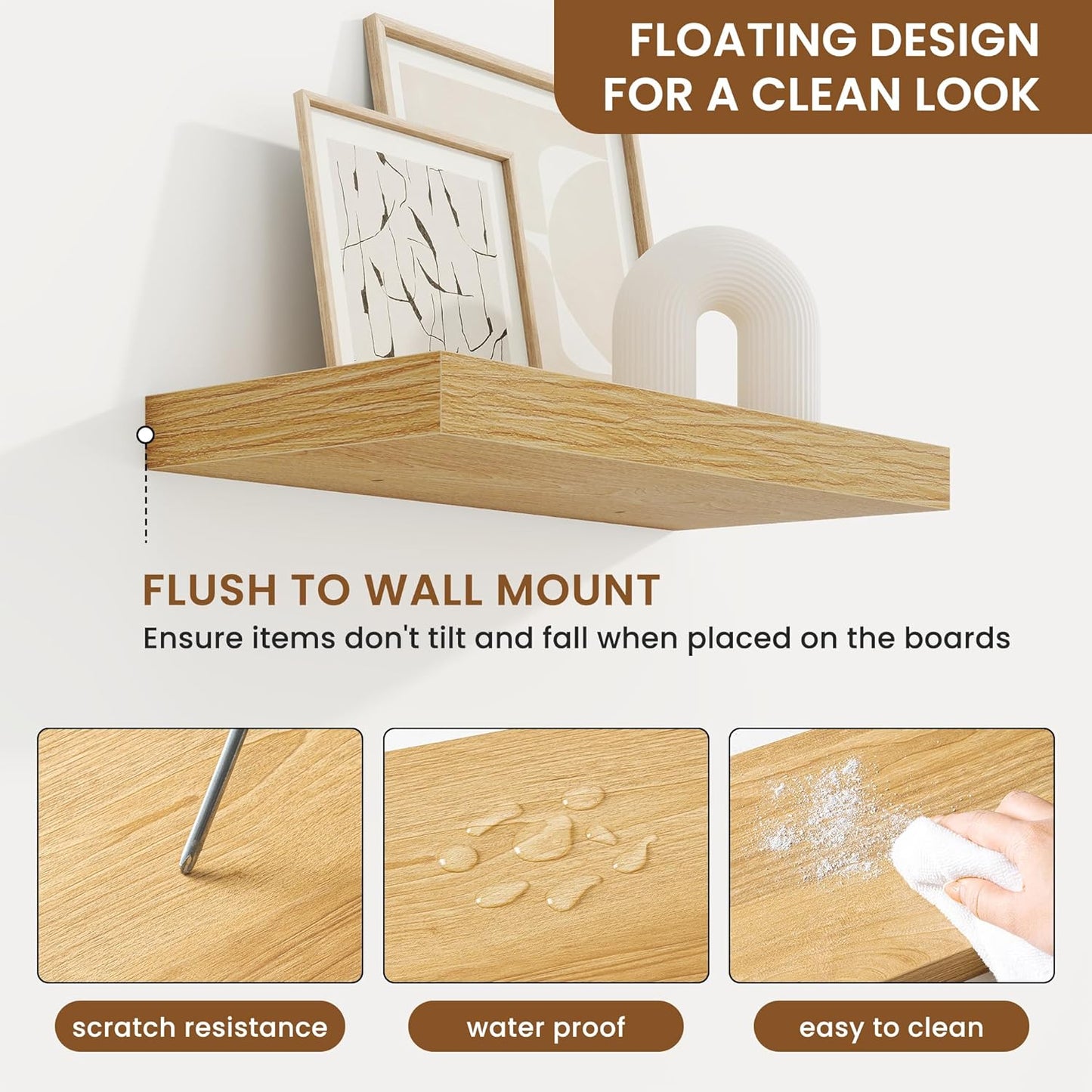 fuqing Floating Shelves for Wall, Bathroom Shelf Wall Mounted for Storage, Shelves with Invisible Bracket for Bedroom, Kitchen, Living Room, Farmhouse Small Book Shelf, 16 Inch Set of 2, Oak