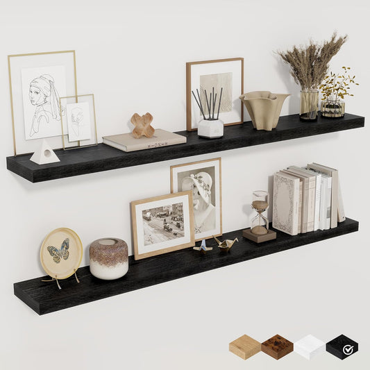 Floating Shelves for Wall, 48 Inch Floating Shelves for Home Decor, Wall Mounted Rustic Wood Shelves, Bathroom, Hanging Deep Shelf for Bedroom, Living Room, Kitchen (Black, Set of 2)