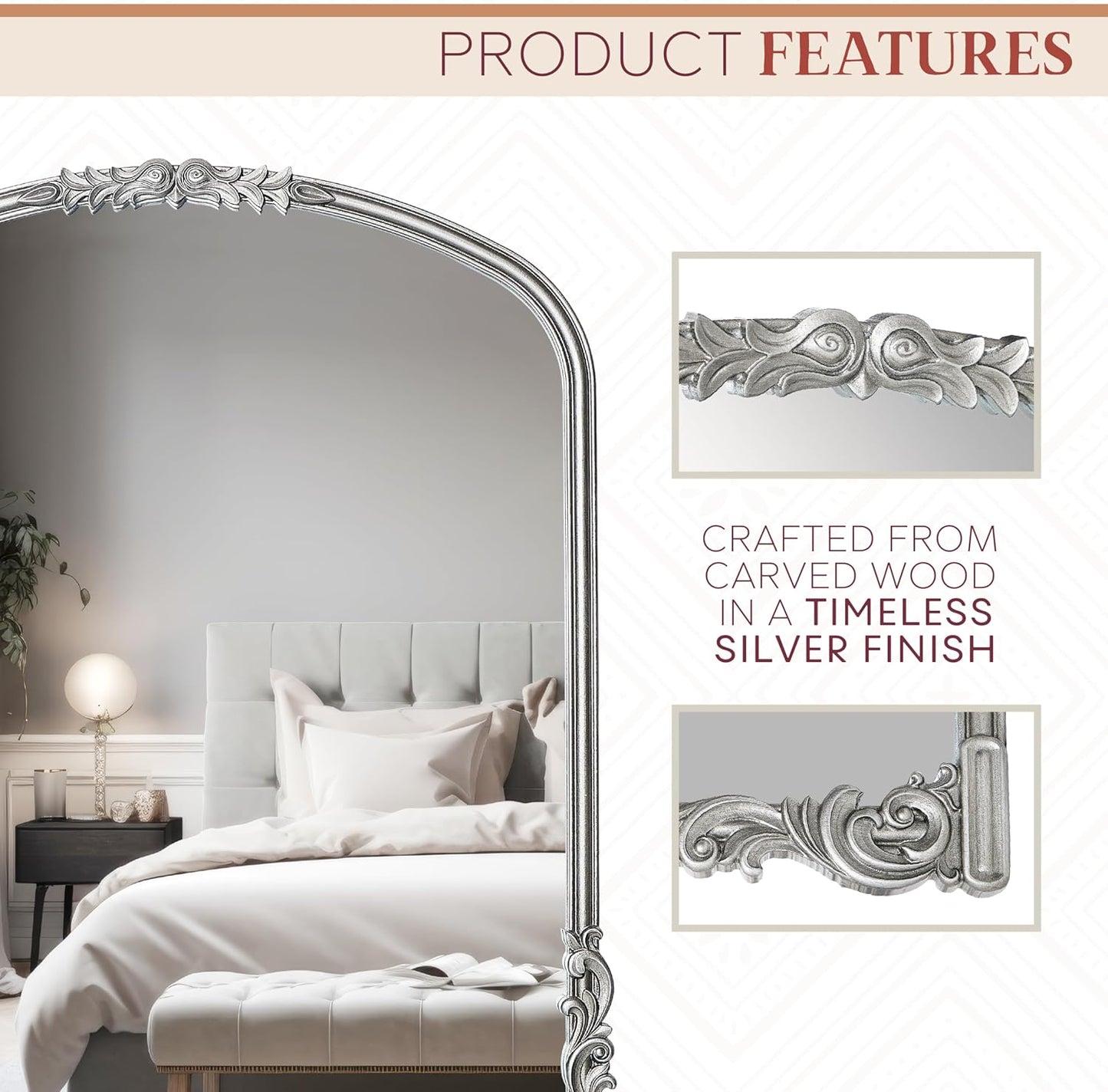 English Estate Carved Arch Wood Wall Mirror, Mirror for Entryway, Living Room, Bathroom, Antique Silver, 25.6x33.4