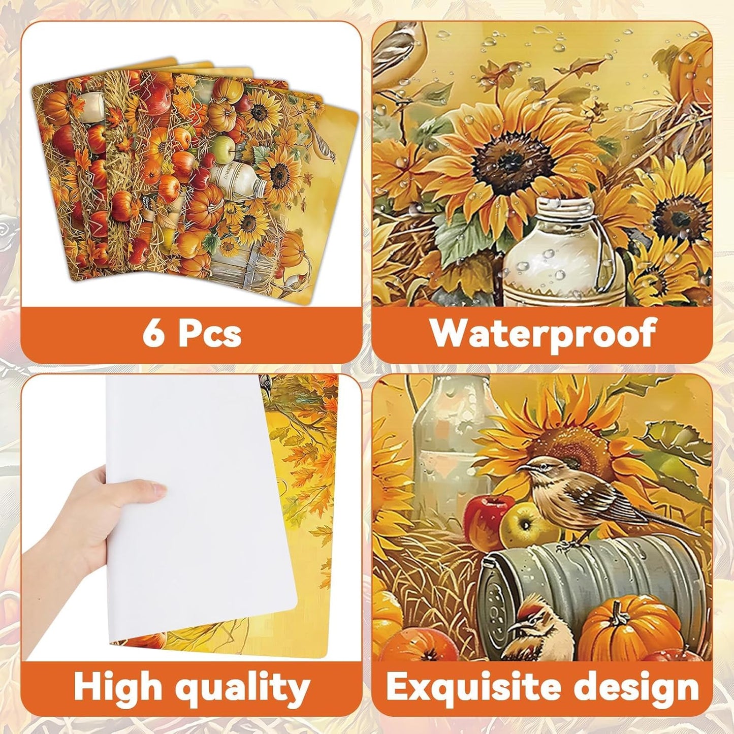 Fall Placemats Set of 6 Thanksgiving Pumpkin Plastic Table Mats Farmhouse Rustic Fall Autumn Place Mats Washable Vinyl Rustic Holiday Table Decoration for Indoor Outdoor Party Kitchen Dining
