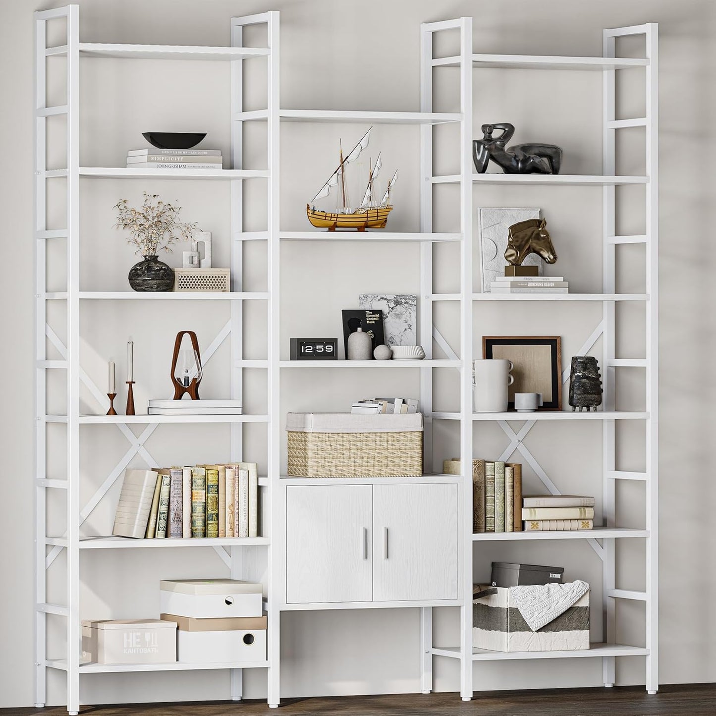 70x78 “ Triple 6 Tier Book Shelf, Industrial Large Bookcase with Storage Cabinet, Tall Bookshelf with 16 Open Display Shelves Metal Frame Furniture for Living Room Bedroom Home Office White