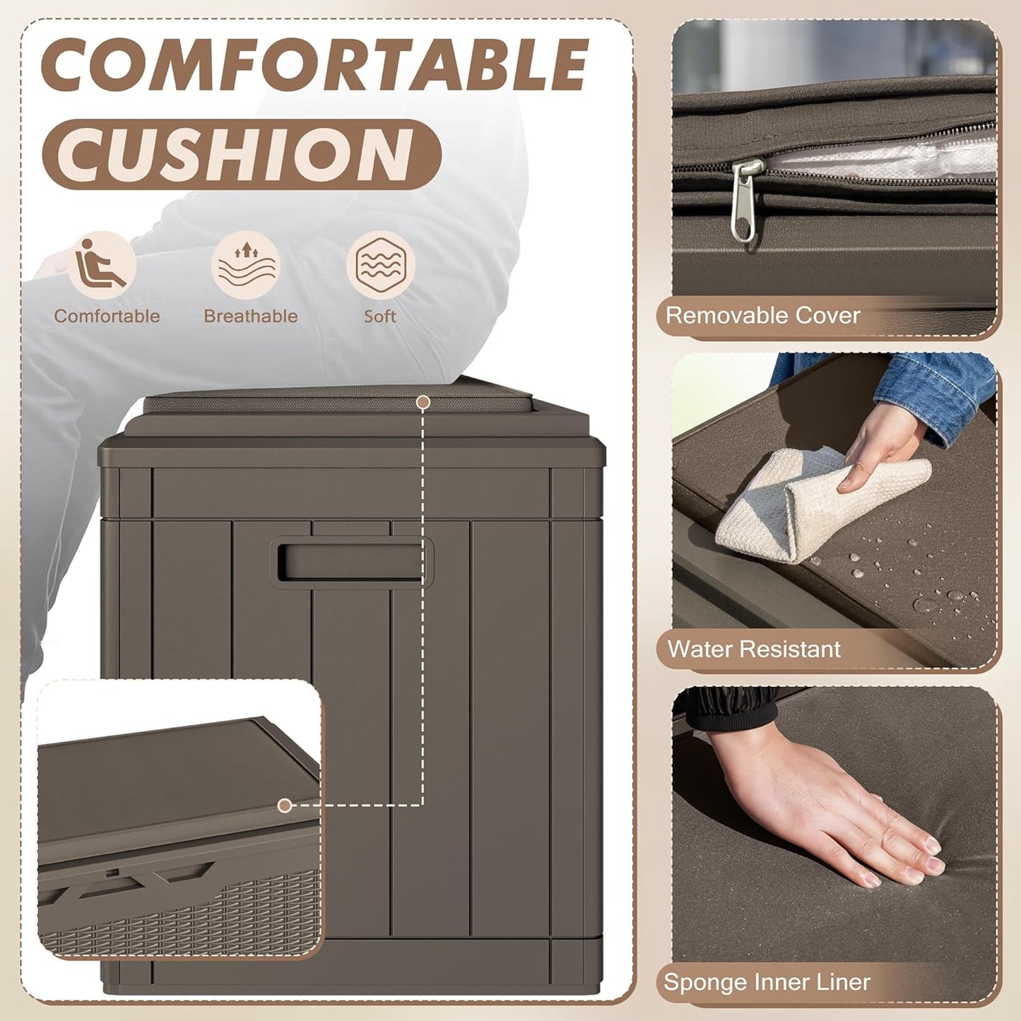 Devoko 100 Gallon Deck Box, Waterproof Resin Outdoor Storage Box with Cushion for Outside, Large Outdoor Storage Bench Cabinet Lockable for Patio Furniture and Garden Tools (Brown)