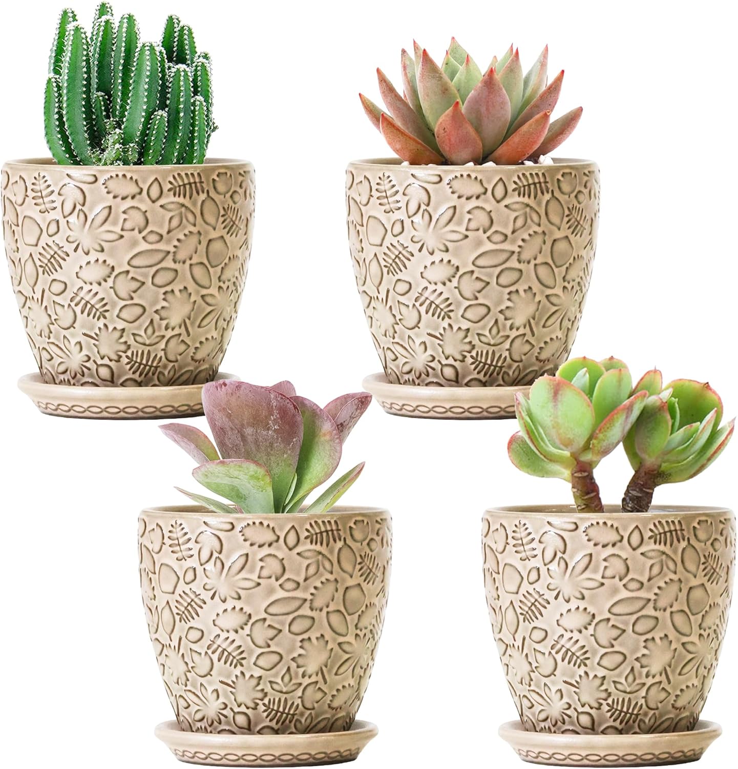4 Inch Mini Plant Pots, Ceramic Succulent Planter with Drainage Hole and Saucers for Indoor Plants, Small Garden Pots for Succulent, Herb and Flower, Set of 4