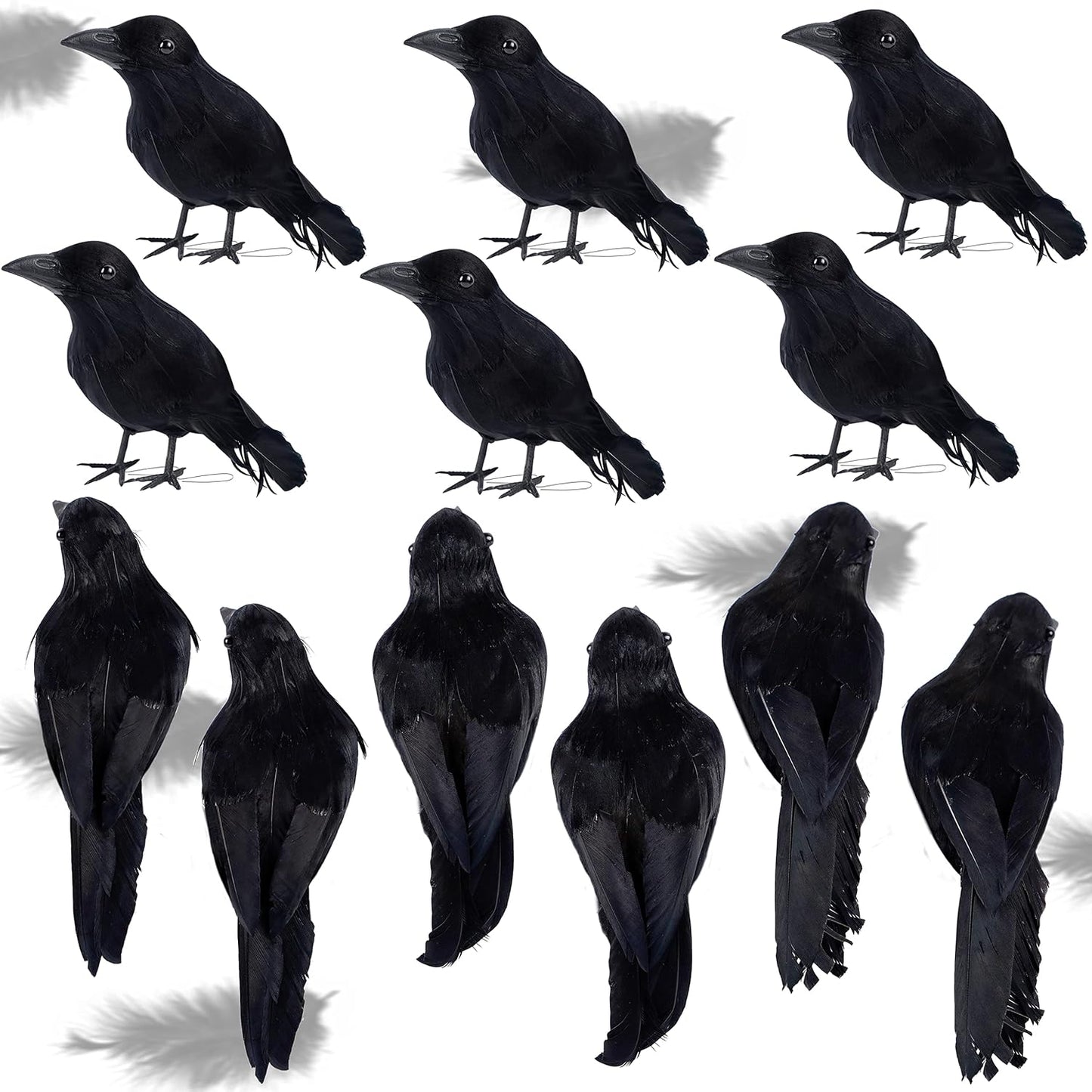 ATDAWN 12 Pack Halloween Black Feathered Crows, Realistic Looking Halloween Birds Decoration