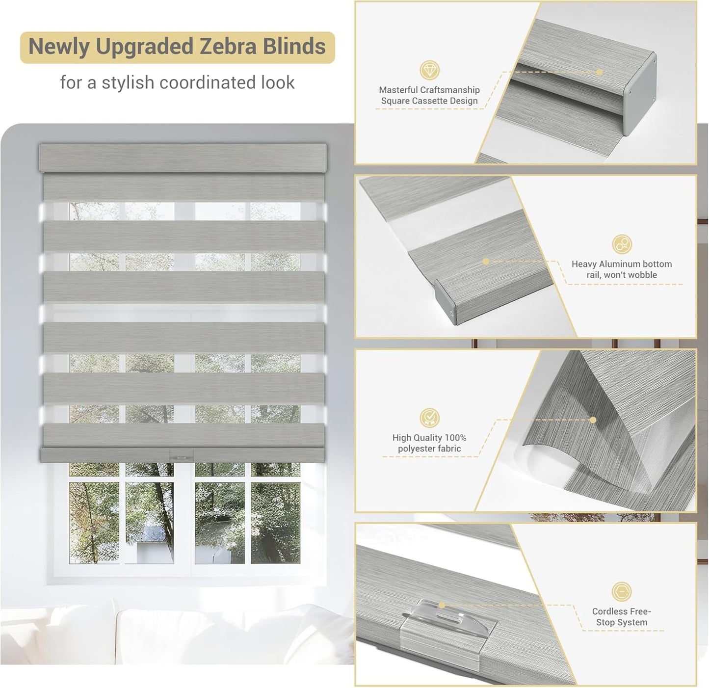 Cordless Zebra Blinds for Windows, Blackout Interior Blinds,Easy to Install,UV Protection,for Offices and Home,Custom Roller Shades, Mousse Light Grey,34" W x 56" H