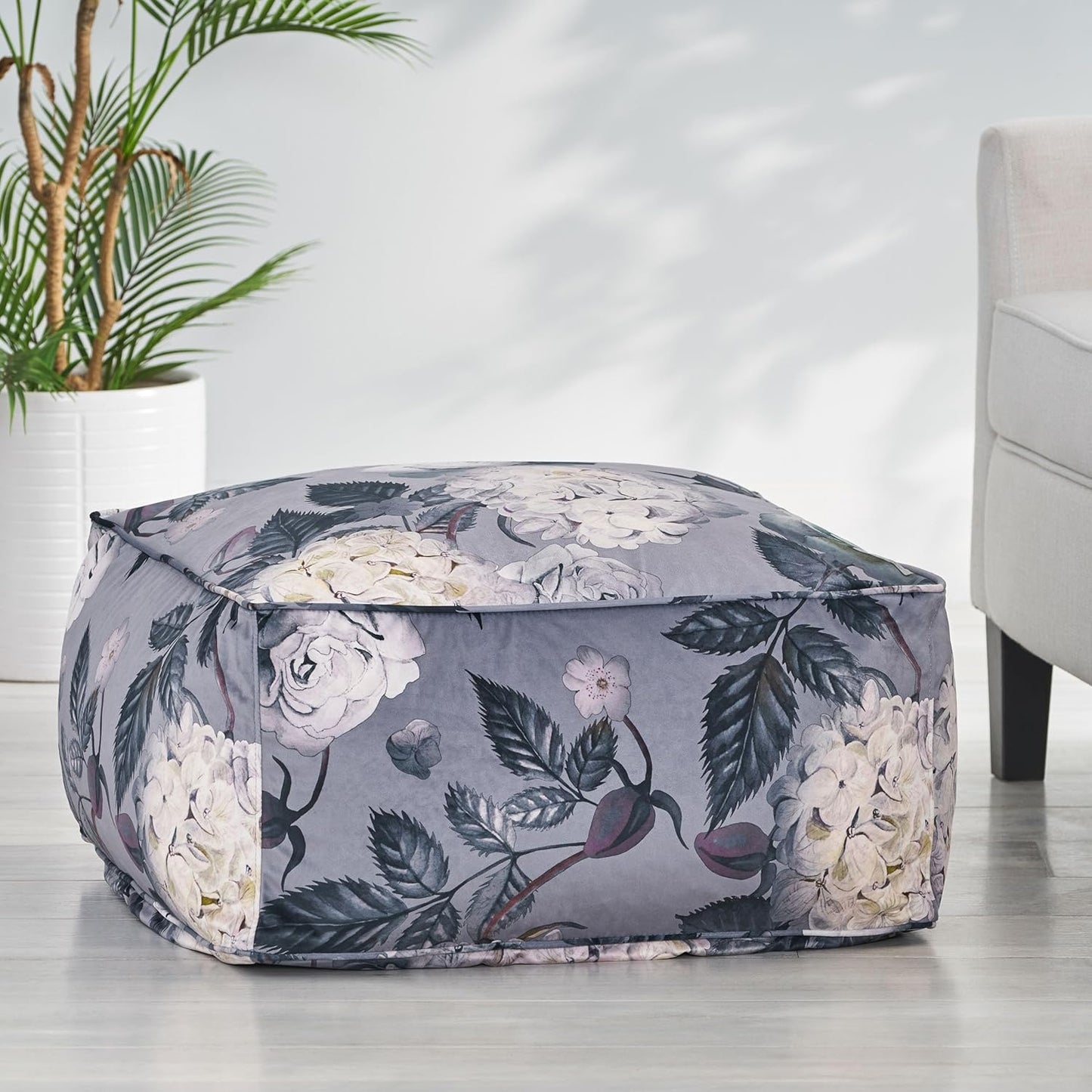 GDFStudio Traditional Velvet Flower Print Cube Pouf Ottoman Foot Stool - Bean Bag Floor Chair - Foot Rest Couch for Living Room Bedroom,Large Flower Print on Gray,24"" x 24"" x 12"", 314502N