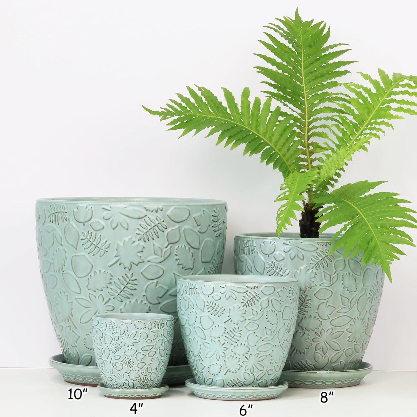 6 Inch Retro Ceramic Planter Set of 2 with Drainage Hole and Saucer for Plants, Indoor-Outdoor Garden Pots for Succulent, Orchid, and Flower (Fits Inner Pots Up to 5 Inches, Retro Green)