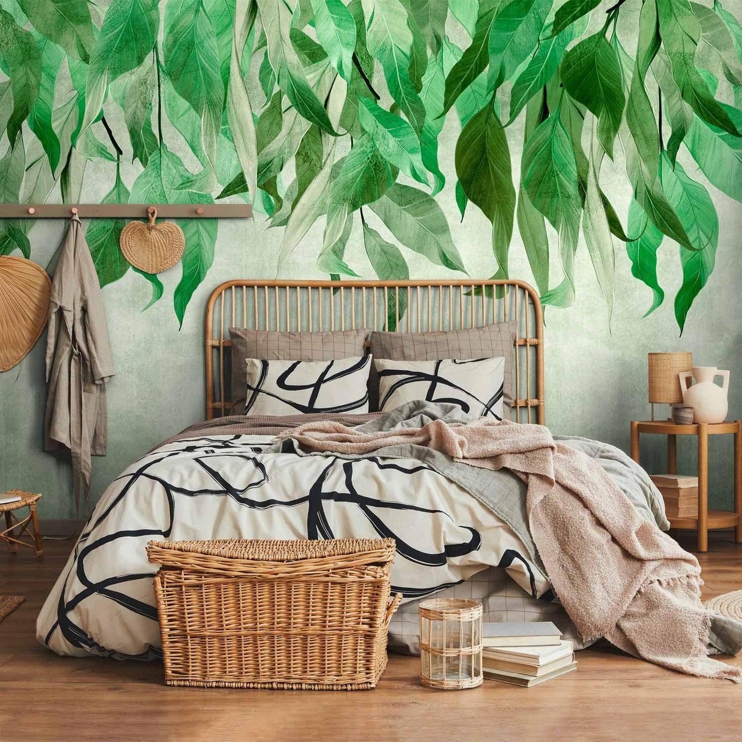 artgeist Wall Mural Hanging Leaves 118x83 in - Non-Woven Wallpaper Fleece Wall Decor Photo Print Picture Image Design Nature Botanical Concrete Green Like Painted b-C-10146-a-a