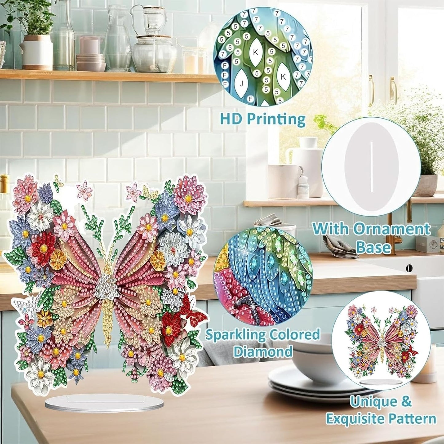 Diamond Painting Kits for Adults Beginners, 5D Full Drill Flowers and Butterflies Crystal Art Desktop Ornament, DIY Single Sided Home Office Desk Decor, Creative Craft Gift Set with Tools