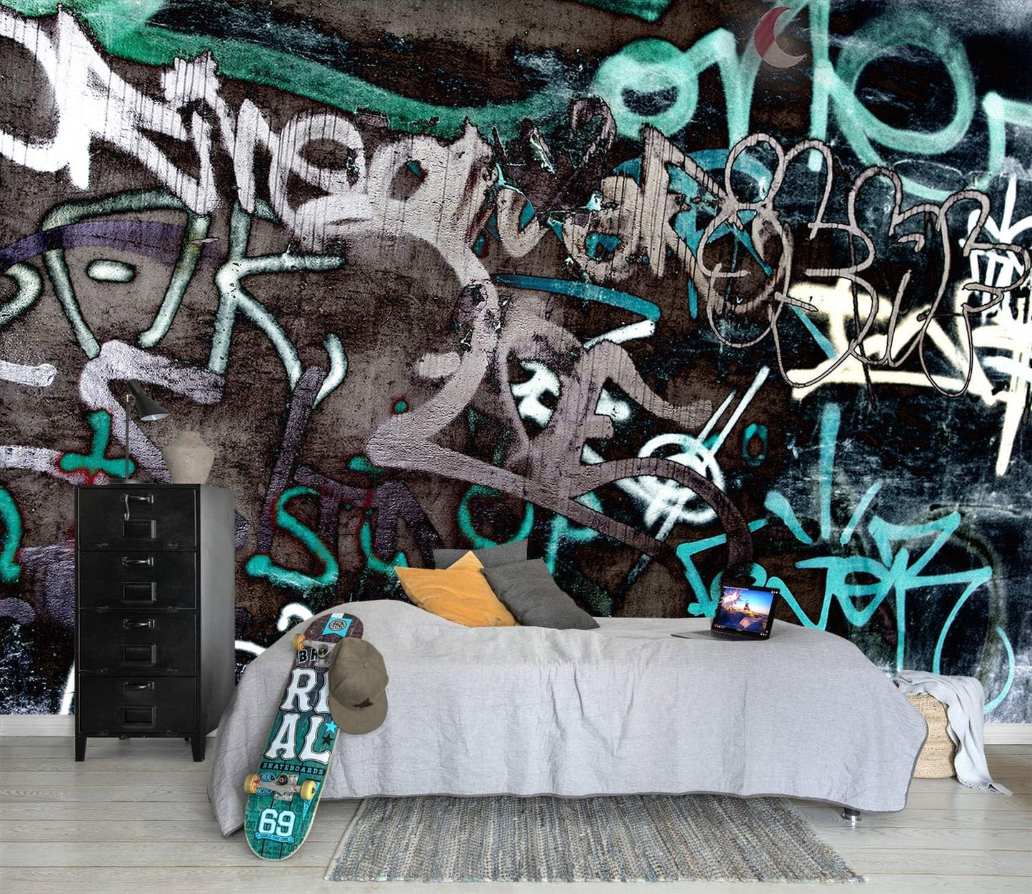 AFZEVEB-Black and White Art Graffiti Wallpaper Wall murals for Bathroom 136"x96" (Not Peel and Stick)