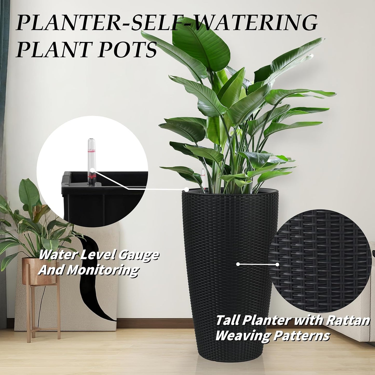 2Pack 22" High Modern Plant Pots Planter-Self-Watering Indoor/Outdoor Planting with Drain Holes, Water Level Monitor, Inner Bucket for Front Porch Patio, Black Rattan Conical