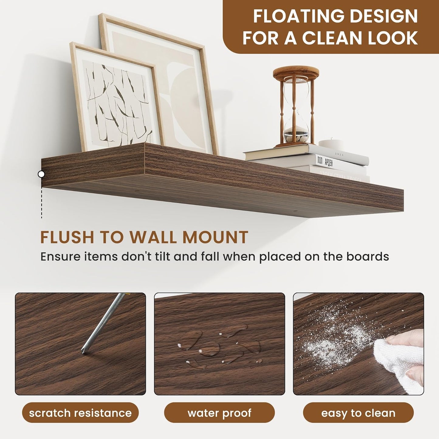 fuqing Floating Shelves for Wall, Bathroom Shelf Wall Mounted for Storage, Shelves with Invisible Bracket for Bedroom, Kitchen, Living Room, Farmhouse Small Book Shelf, 24 Inch Set of 2, Walnut