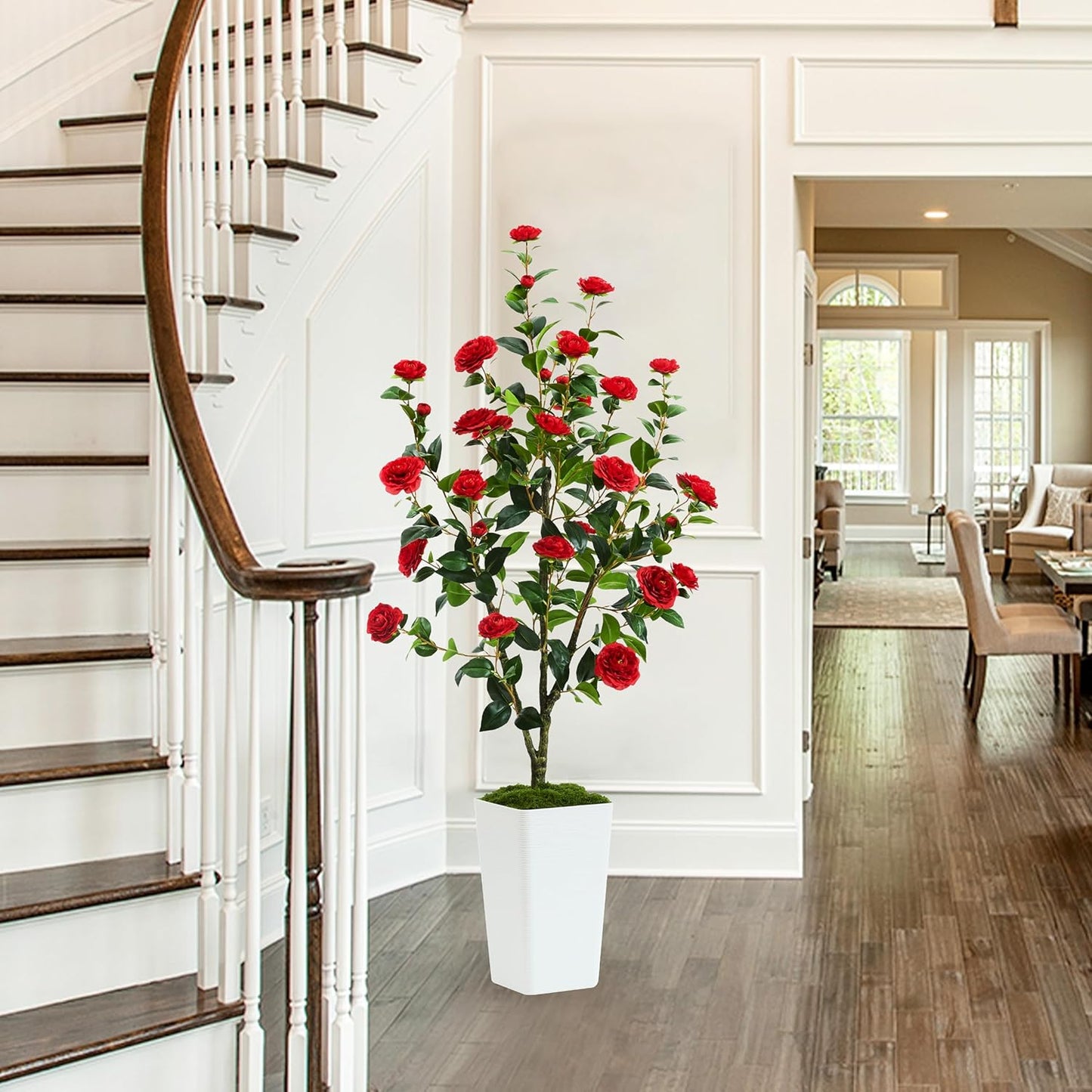 Artificial Camellia Tree 5FT Faux Trees Indoor Fake Floral Plant Blooming Tree with Red Flowers & White Tall Planter, Faux Camellia Plants for Porch Home Room Bedroom Office Front Door Outdoor Decor