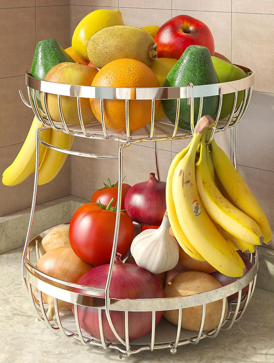 2 Tier Fruit Basket for Kitchen Counter with 2 Banana Hangers, Metal Stackable Fruit Bowl for Kitchen Counter for Bread Vegetable Fruits, Silvery