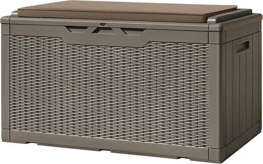 Greesum 100 Gallon Resin Deck Box Large Outdoor Storage with Cushions for Patio Furniture, Garden Tools, Pool Supplies, Weatherproof and UV Resistant, Lockable, Light Coffee