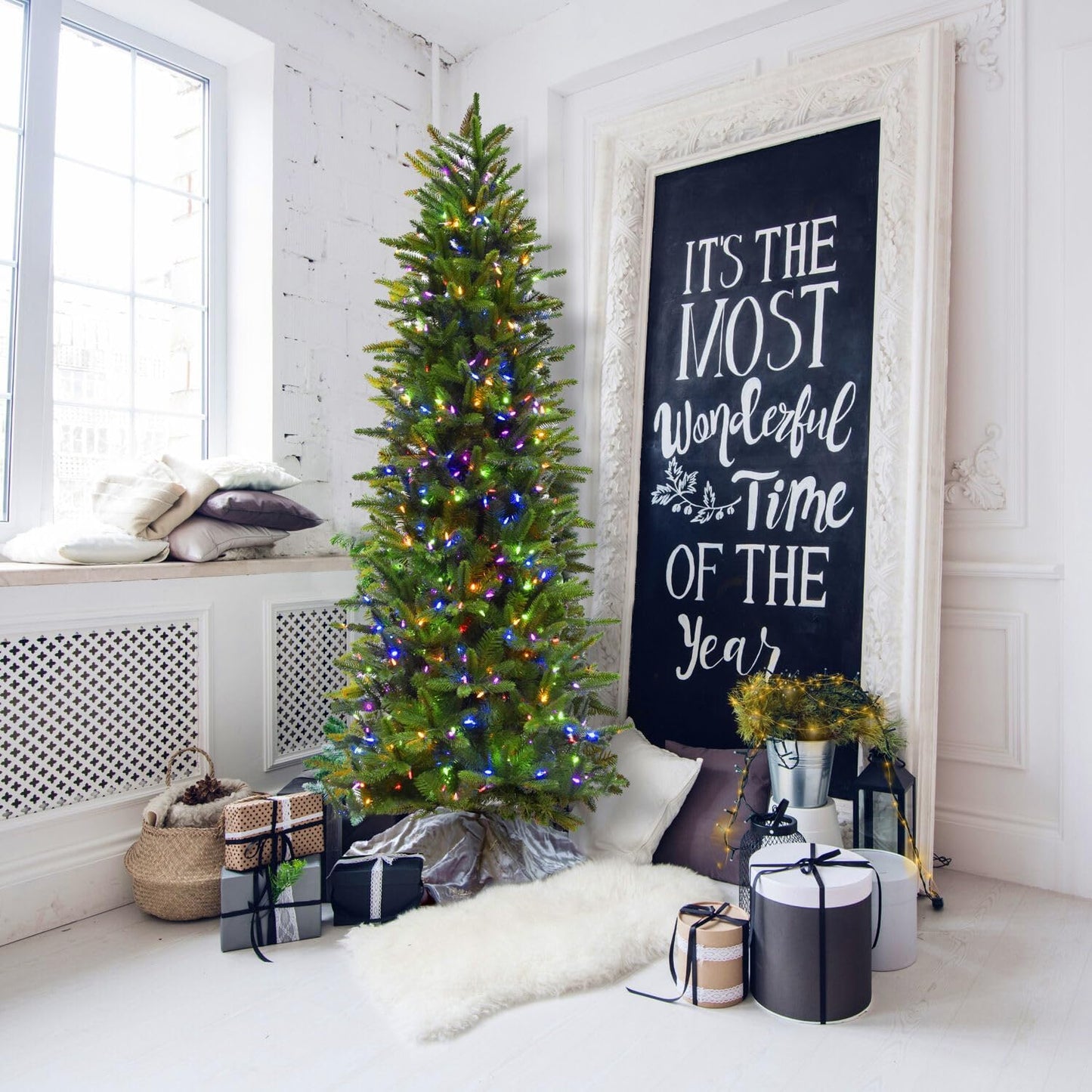 Fraser Hill Farm 9-Ft. Carmel Pine Slim Artificial Christmas Tree with Dual Multicolor & Warm White LED Lights and Stand, Prelit Foldable Fake Tree with Realistic Foliage for Home Decoration